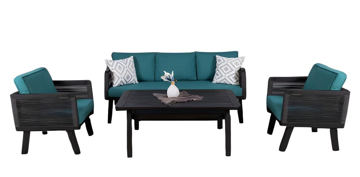 JVmoebel Gartenlounge-Set Sitzgruppe Gartenmöbel Lounge Set 4tlg Seladon Holz Blau Acryl, (4-tlg., Sofa 3 Sitzer, 2x Sessel, Couchtisch), Made in Europe