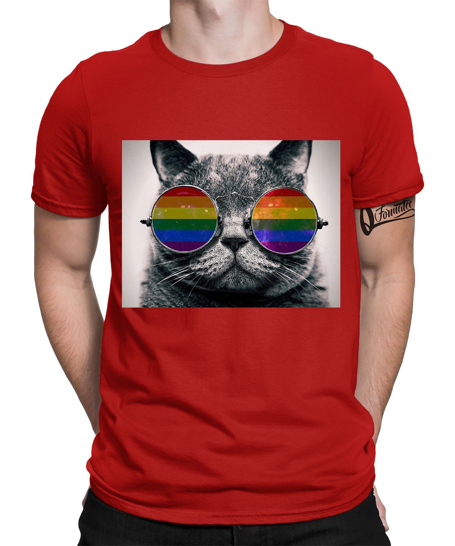Stolz Pride Kurzarmshirt (1-tlg) LGBT Katze Quattro Gay Rot T-Shirt Regenbogen Herren - Formatee