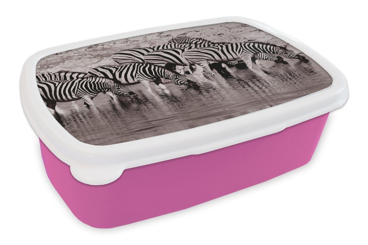 MuchoWow Lunchbox Zebras im Wasser, Kunststoff, (2-tlg), Brotbox für Erwachsene, Brotdose Kinder, Snackbox, Mädchen, Kunststoff rosa