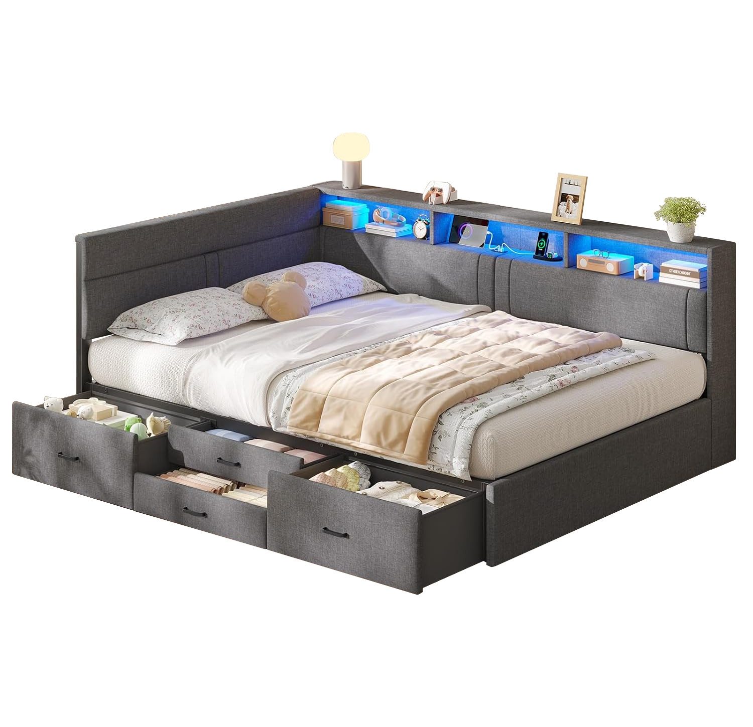 MSMASK Polsterbett Schlafsofa mit LED-Beleuchtung & Ladestation, Einzelbett, Daybett (Ohne Matratze), Jugendbett mit 4 Schubladen, ohne Matratze, 140x200 cm