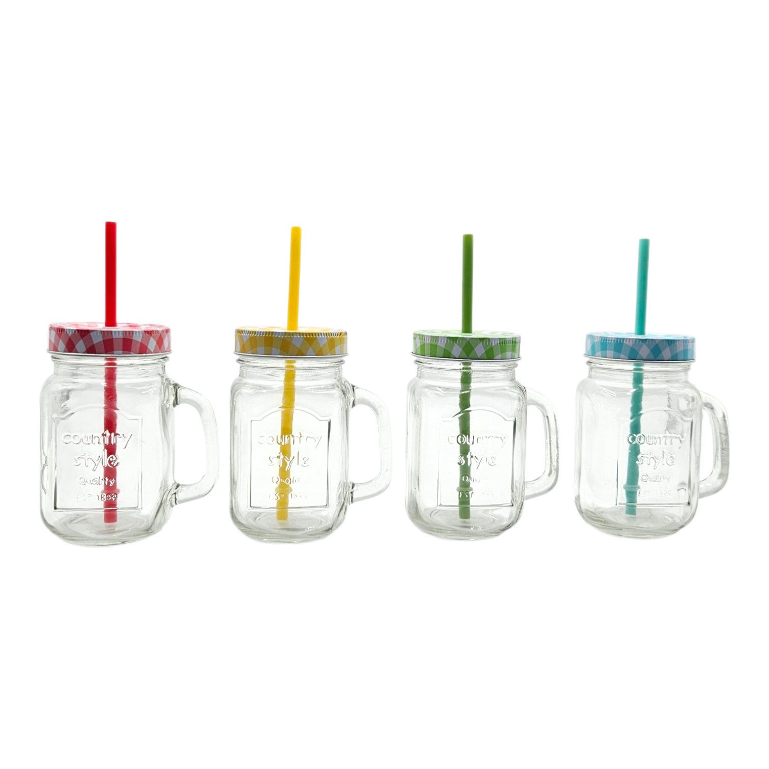 OSMA Werm Glas 4er Set Trinkgläser mit Henkel, Deckel & Strohhalm- Bunt, 4-tlg., Bunte Trinkgläser mit Deckel – robuster Schutz vor Insekten