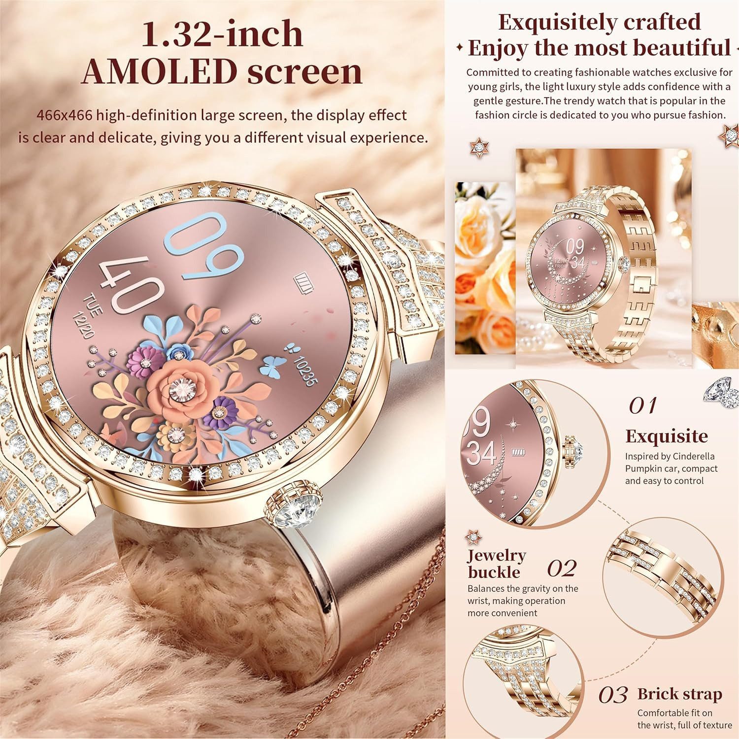 Zevelora Damen's Telefonfunktion Fitness Tracker Aktivitätstracker Smartwatch (3,35 cm/1,32 Zoll, Android/iOS), mit austauschbarem weichem Silikonarmband, mit SpO2 Schlafmonitor Schrittzähler 123 Sportmodi fitness uhr