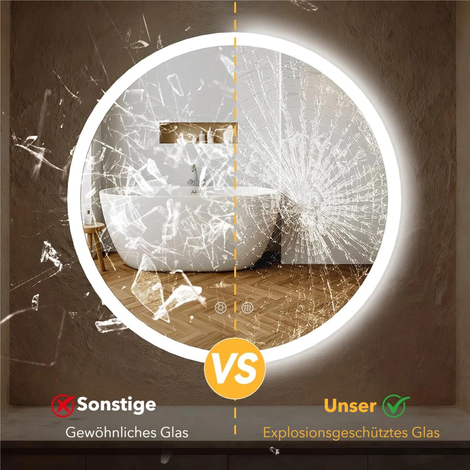 TLGREEN Badspiegel Rund mit Beleuchtung,LED Spiegel mit 3 Lichtfarben dimmbar, (gehärtetes Glas und mattierter Rand, Touch-Schalter, Memory-Funktion, Beschlagfr – Bild 3 von 5