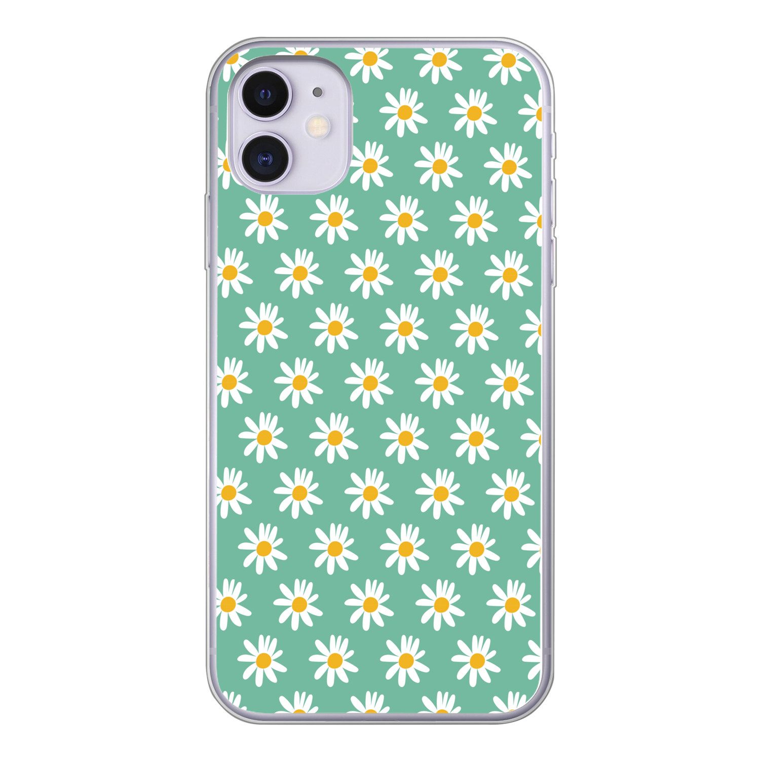 MuchoWow Handyhülle für Apple iPhone 11 Gänseblümchen - Muster - Grün - Blumen, Smartphone-Bumper, Print, Handy Schutzhülle Dünn