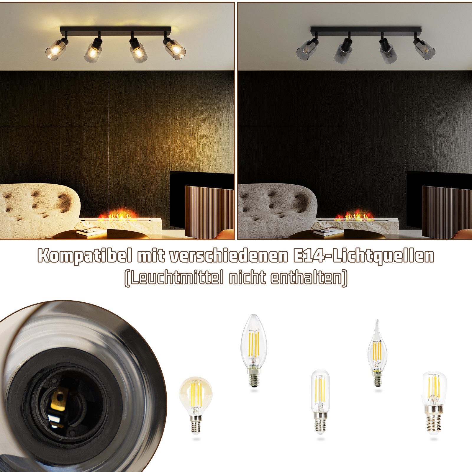 Nettlife Deckenstrahler Vintage Schwarz Glas E14 Retro Deckenleuchte Schwen günstig online kaufen