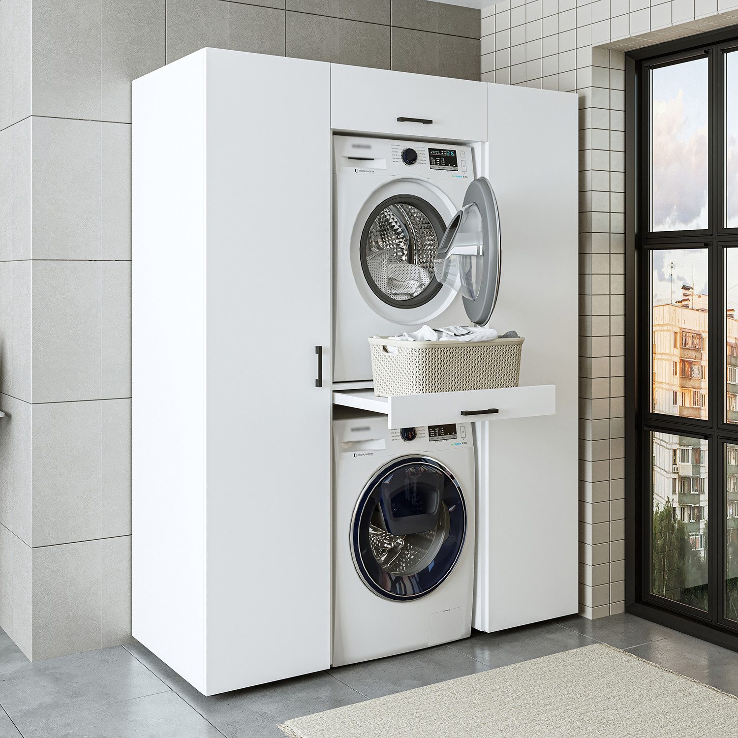 Roomart Waschbeckenunterschrank Waschmaschinenschrank 157 cm – für Waschmaschine & Trockner (Set) Waschmaschine & Trockner übereinander, Ausziehbrett, Schublade