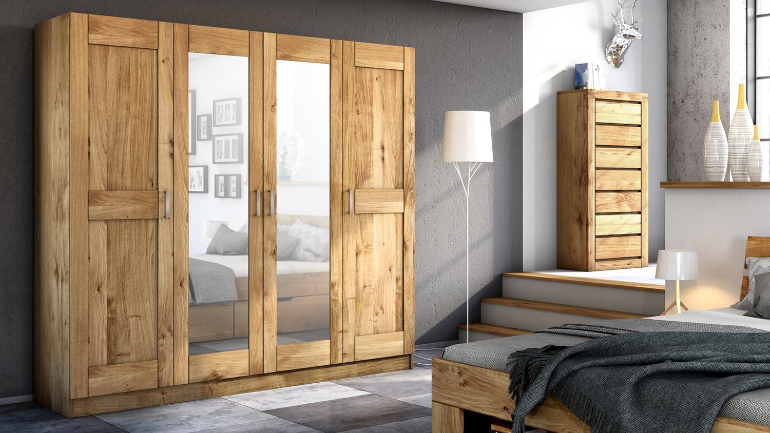 ELFO Kleiderschrank Kleiderschrank Toni 4S Wildeiche Schrank mit Spiegel 202 cm