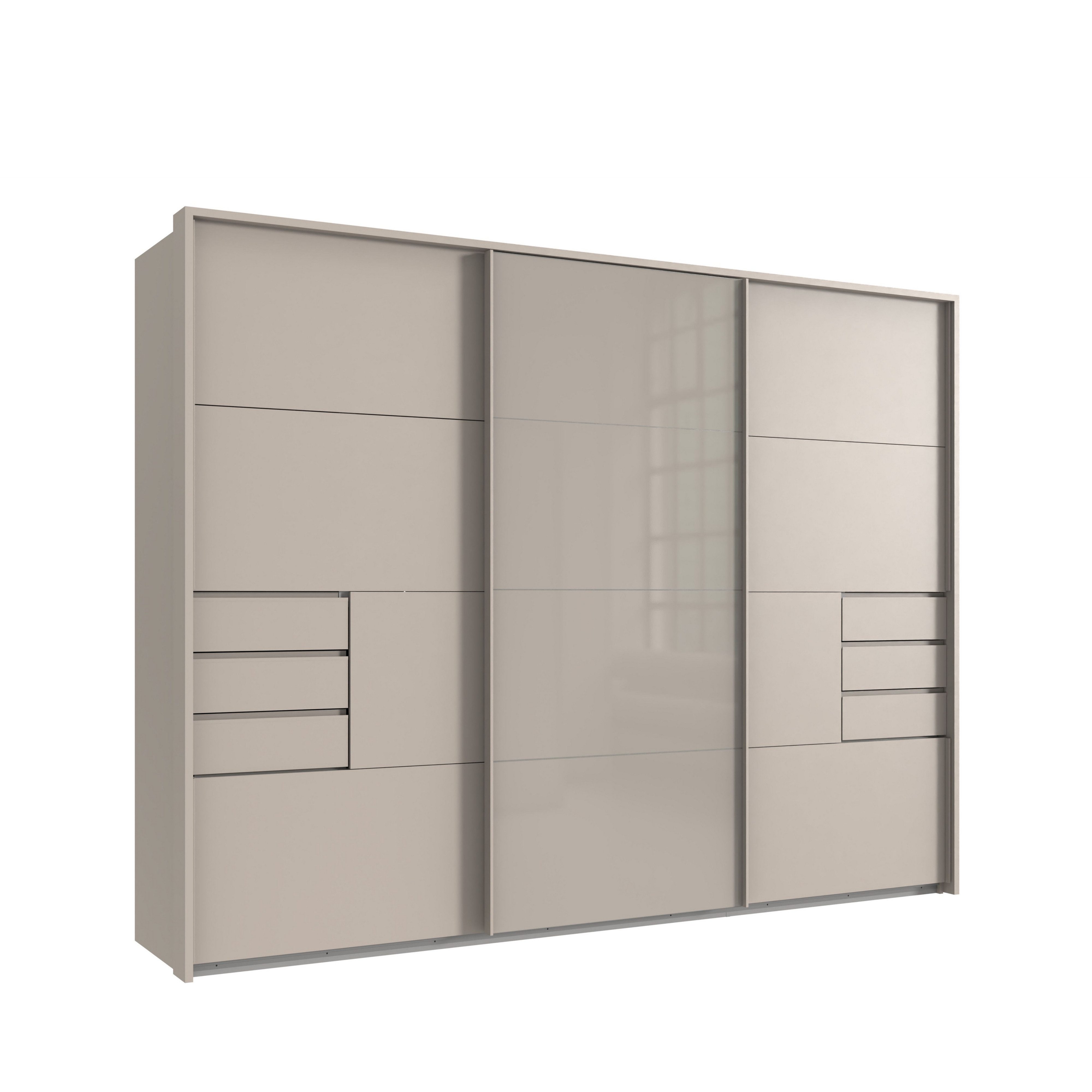 luma-home Schwebetürenschrank 22622 (B273/H213/T64 cm Kleiderschrank mit Passepartout, Vollausstattung, beige-graue Griffleisten) in Beige Grau mit 6 sichtbare Schubladen, Mitteltür Glas Beige Grau
