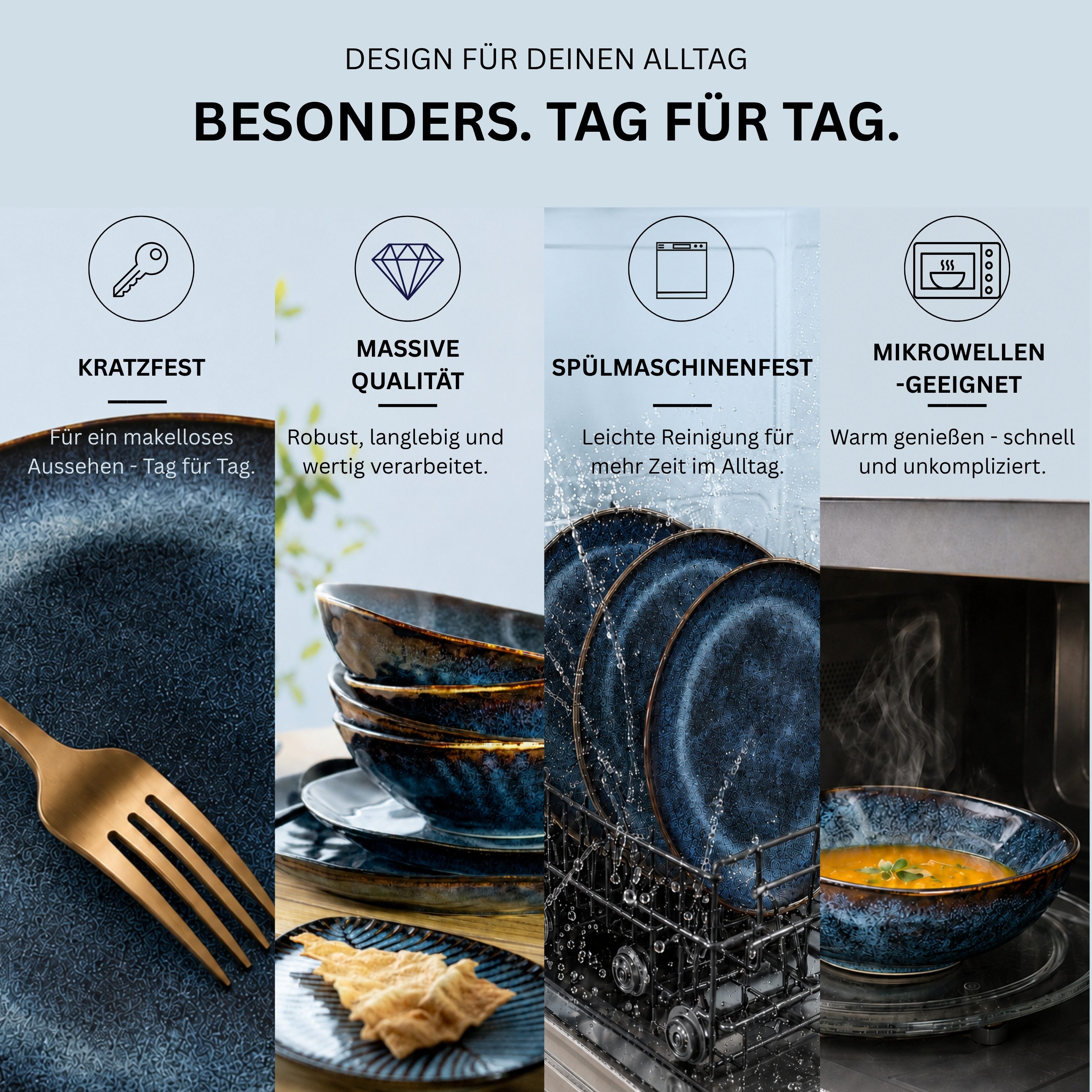 SÄNGER Tafelservice Tokio Geschirrset (12-tlg), 4 Personen, Steingut, Blau Schwarz, Handmade, Premium Collection