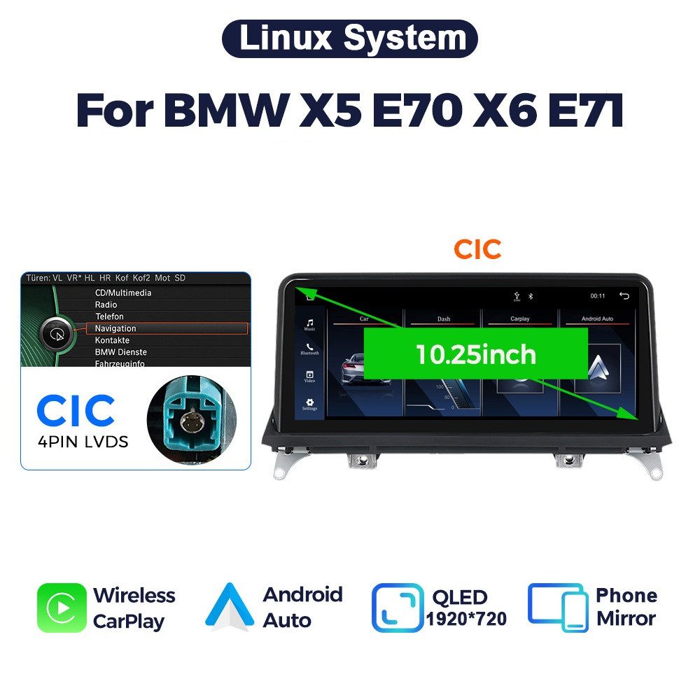 GABITECH Für BMW X5 X6 E70 E71 CIC 10.2" Touchscreen Android GPS Carplay Einbau-Navigationsgerät (Wireless Carplay und Android Auto, Linux System)