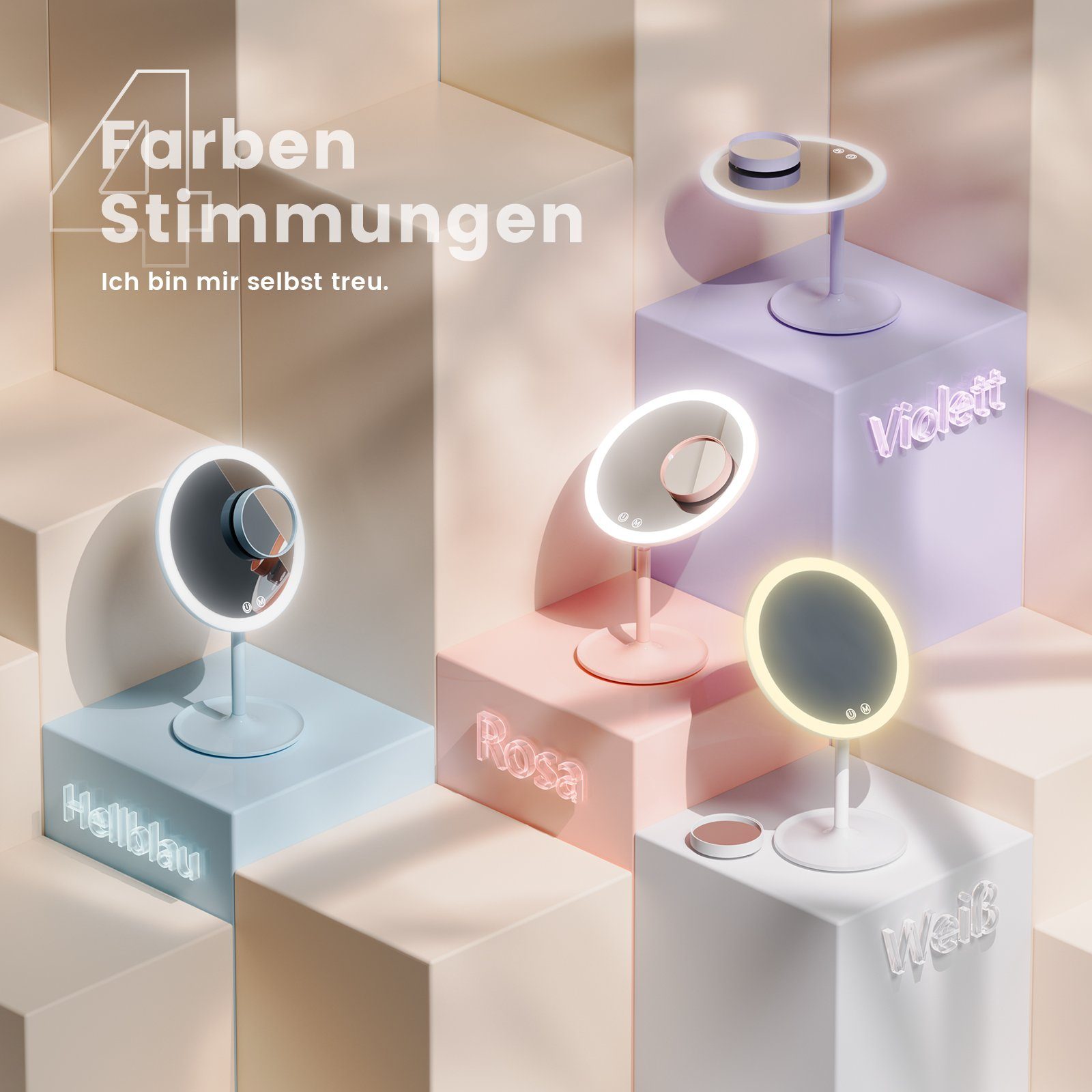 EMKE Kosmetikspiegel Macaron Tischspiegel mit Beleuchtung 3 Lichtfarben Dimmbar, 1X / 3X,90°Drehbar,USB Aufladbarer LED Schminkspiegel für Schminken