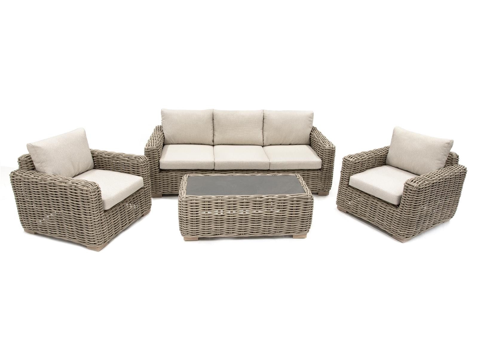 Green Spirit Loungeset »Trinidad« Lounge Set Rattan Loungemöbel Sitzgruppe Gartenmöbel Gruppe, (Set, 4-tlg., 1 3-Sitzer Sofa, 2 Sessel und 1 Tisch, inkl. Sitz- und Rückenkissen), Polyrattan, beige, 5 Personen, wetterfest, Garten, Terrasse, Outdoor