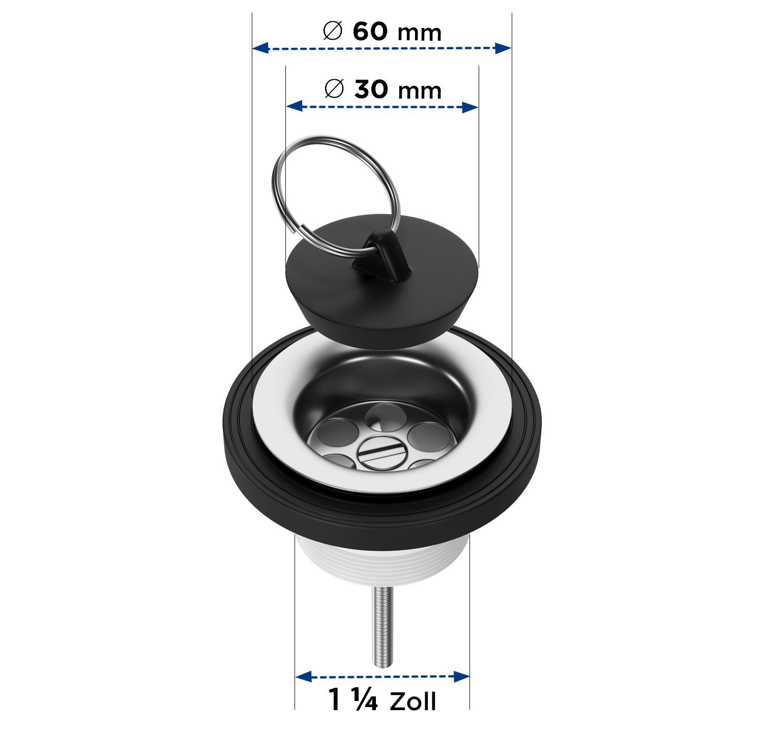AQUADE Ablaufventil Universalablaufventil 1¼ Zoll x 30 mm, 60mmØ mit Stopfen und Schlüsselring für Waschbecken