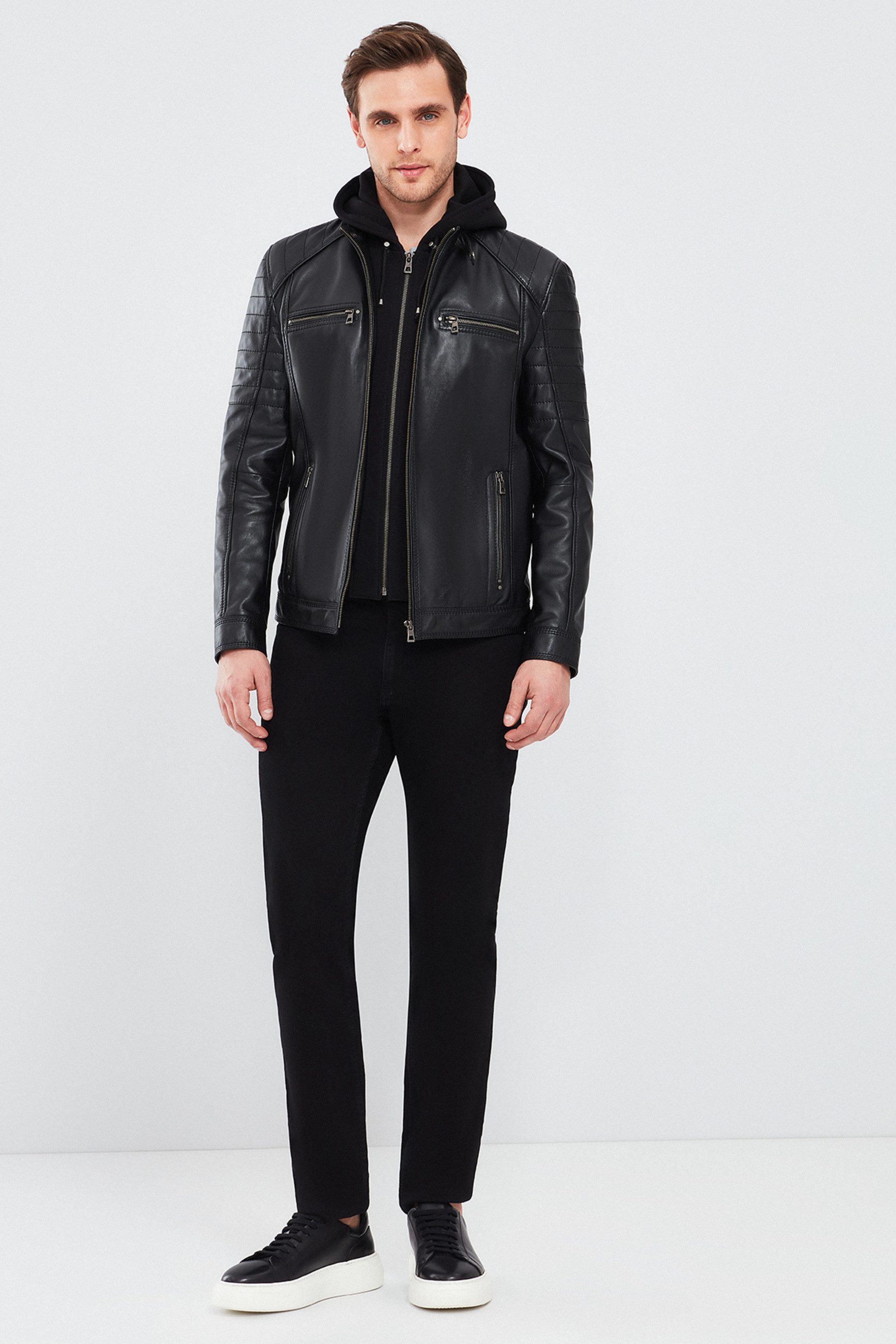 Derimod Lederjacke Sergio Kapuzen-Sport-Lederjacke Regular Fit, Reißverschluss, Mit Kapuze, Kurz, Textilfutter