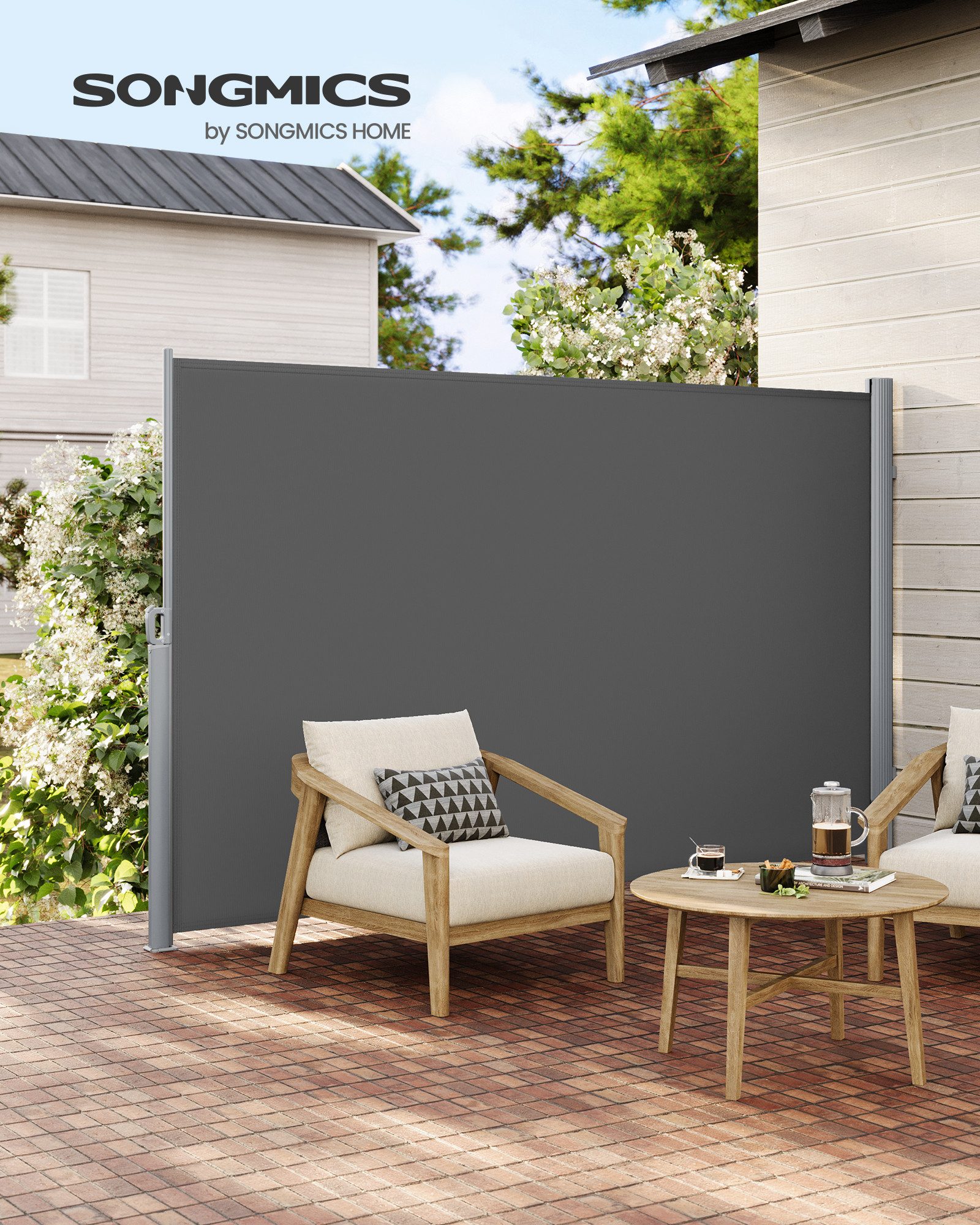 SONGMICS Seitenarmmarkise Alu, ausziehbar, Sichtschutz, balkon (inkl. Zubehörpaket & Anleitung, 160 x 300 cm) grau 280 g/m² Windschutz Markisen Balkonsichtschutz