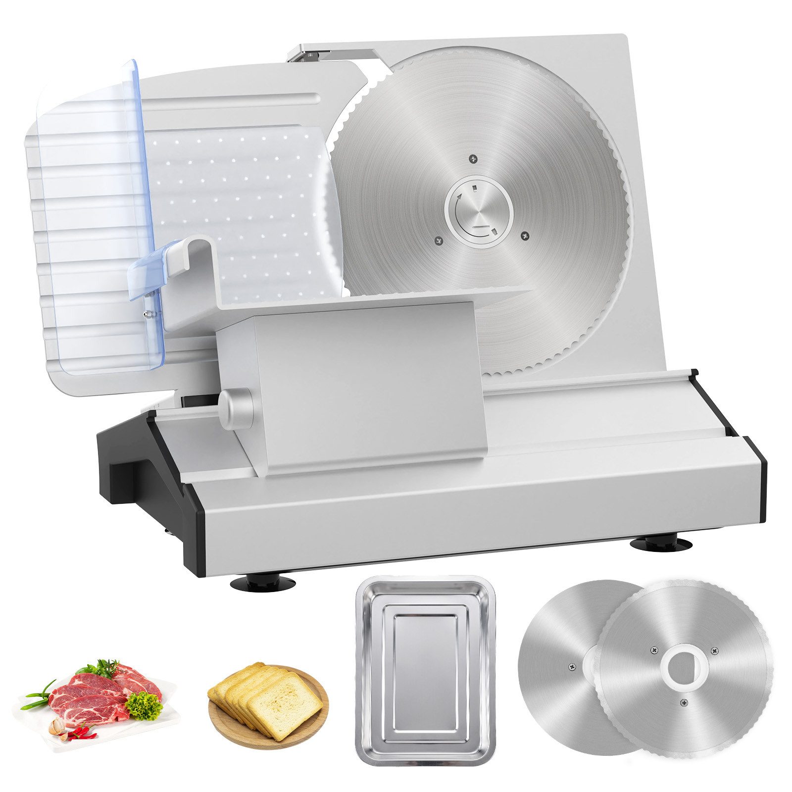 Rebonique Allesschneider 220W, 20 mm, 2 x 22 cm Edelstahlmesser, mit Edelstahltablett, 220 W, abnehmbare Edelstahlmesser, glatt & gezahnt, 85–90 U/min