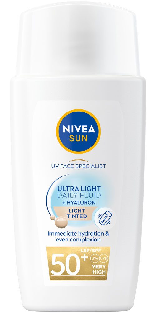 Nivea Sun Sonnenschutzfluid Ultra Light Daily Fluid LSF 50+ +Hyaluron Light Tinted, leicht getönt, schützt helle Haut vor UV-Strahlen