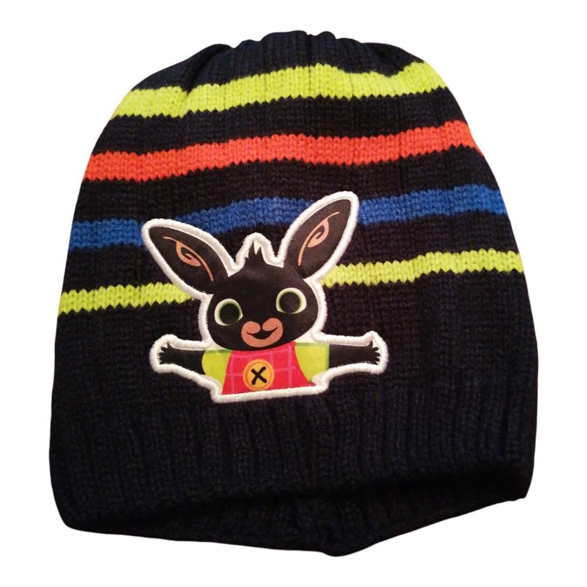 Bing Strickmütze Kinder-Strickmütze - Bing-Motiv, Schwarz mit bunten Streifen, Gr.