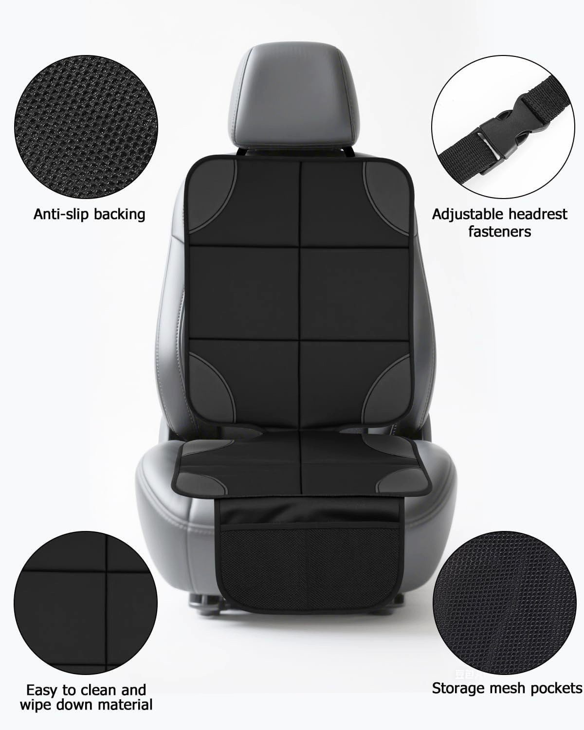 Zengi Kindersitzunterlage Autositz-Sitzschoner 600D Oxford universell Schwarz mit Netztaschen, Set, 2-tlg., mit Kopfstützengurt und rutschfester Einsteckzunge,  – Bild 3 von 5