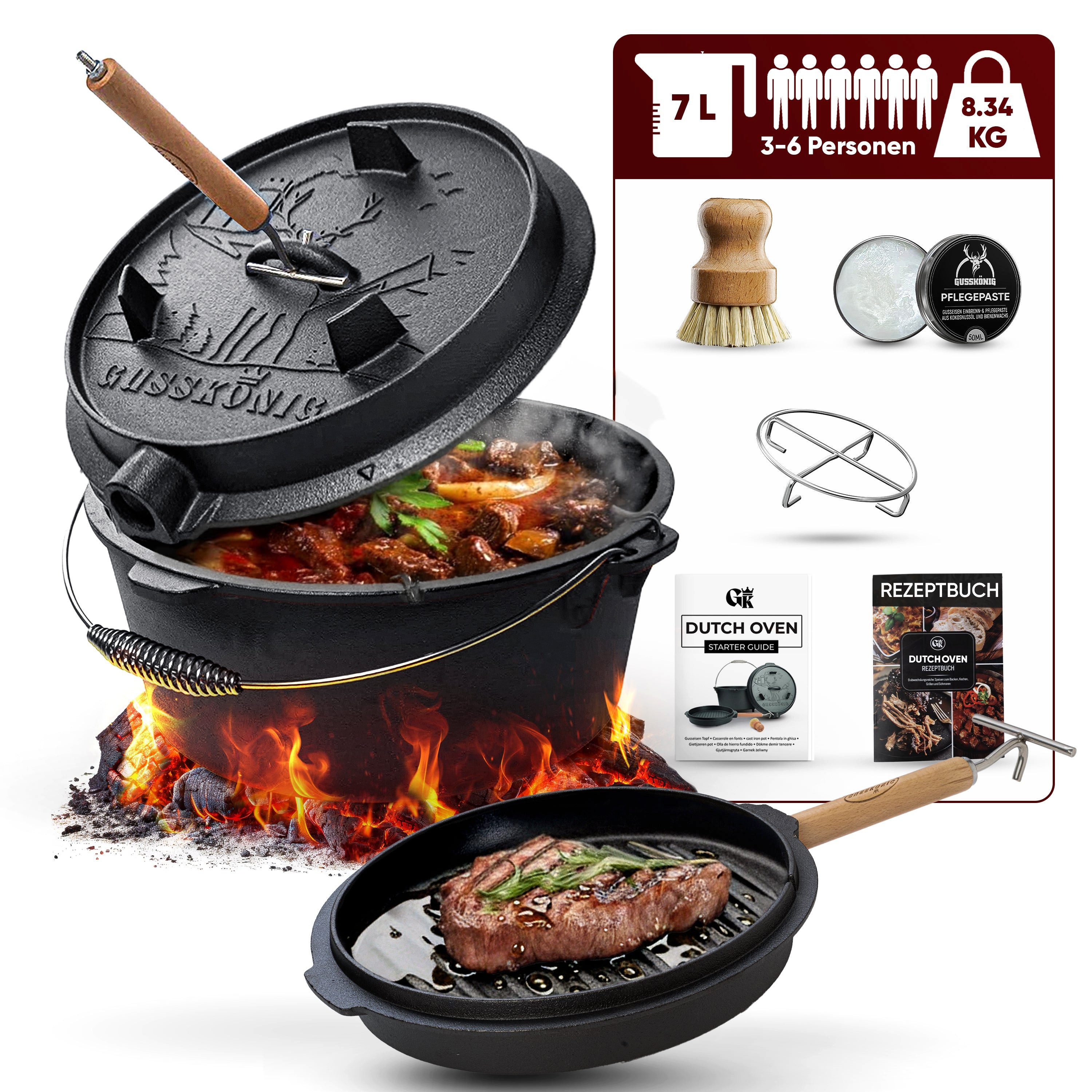 GUSSKÖNIG Grilltopf GUSSKÖNIG Dutch Oven Topf ohne Füßen 7Liter+Pflegepaste Untersetzer