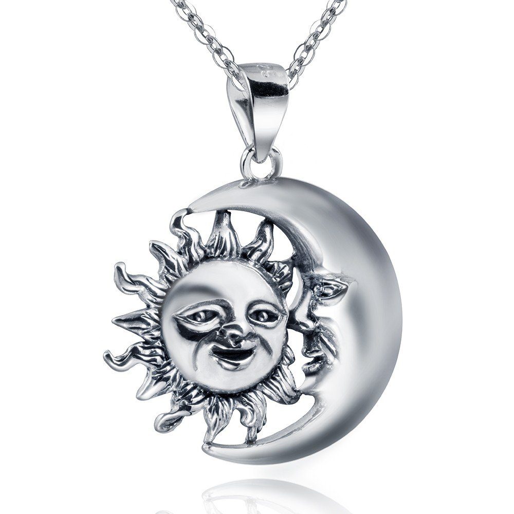 Materia Kettenanhänger Damen Herren Silber 3D Mond und Sonne antik KA-253,  925 Sterling Silber, geschwärzt