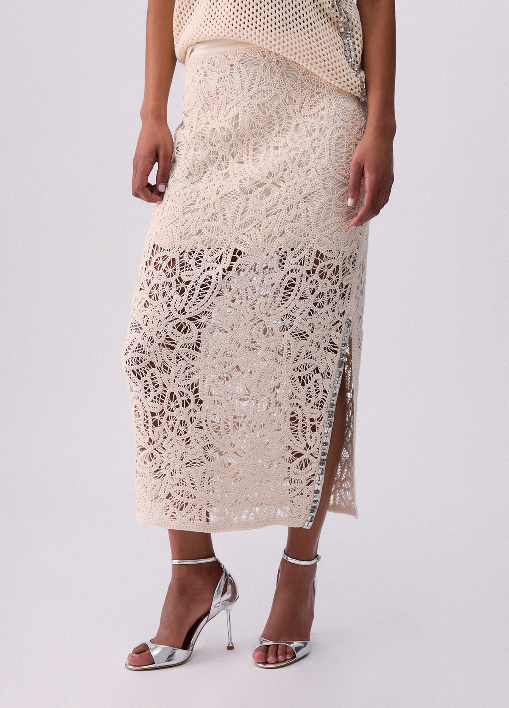Liu Jo Midirock Macramé-Rock - Rock Damen - Spitzenrock - langer Midirock - beige