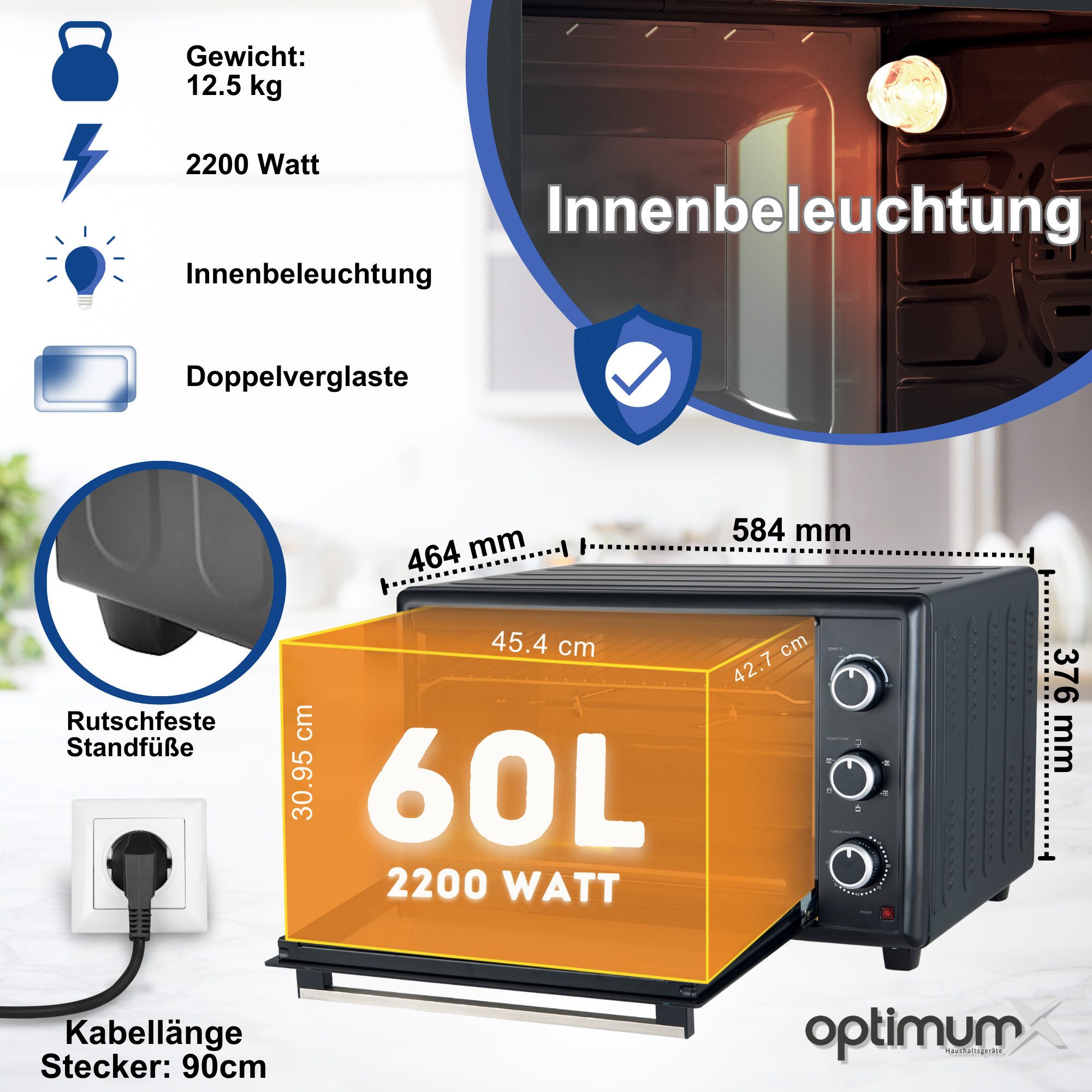 optimumX Minibackofen, 60 Liter XXL mit Umluft, 2200W, 5 Kochfunktionen, 60 min, 90-230°C