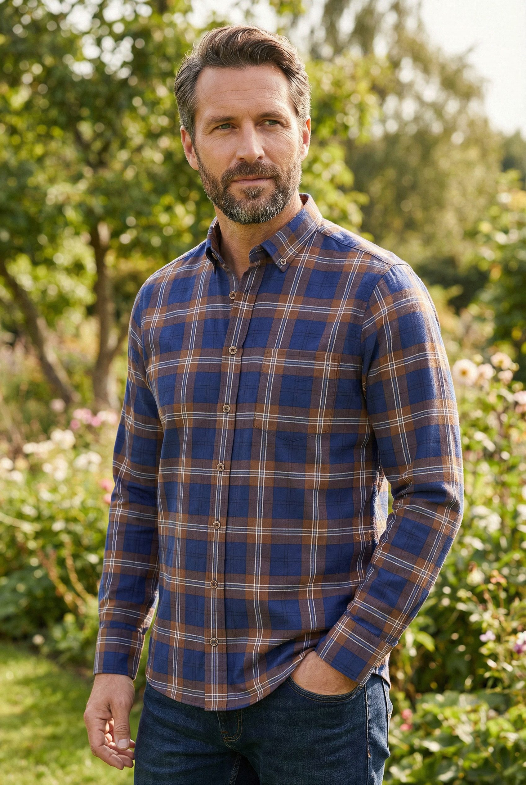 Haupt Langarmhemd Modern Fit Langarm Baumwoll-Herrenhemd Karomuster Brown Style Herbst