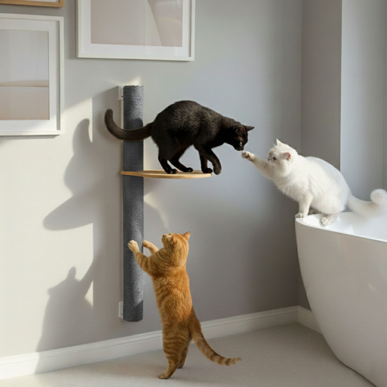 eyepower Kratzbaum zur Wandmontage - 96 cm Wandkratzbaum für Katzen mit 1 Bambus Plateau, Sisalstamm Wand - Katzenkratzbaum platzsparend - Kletterwand Katze