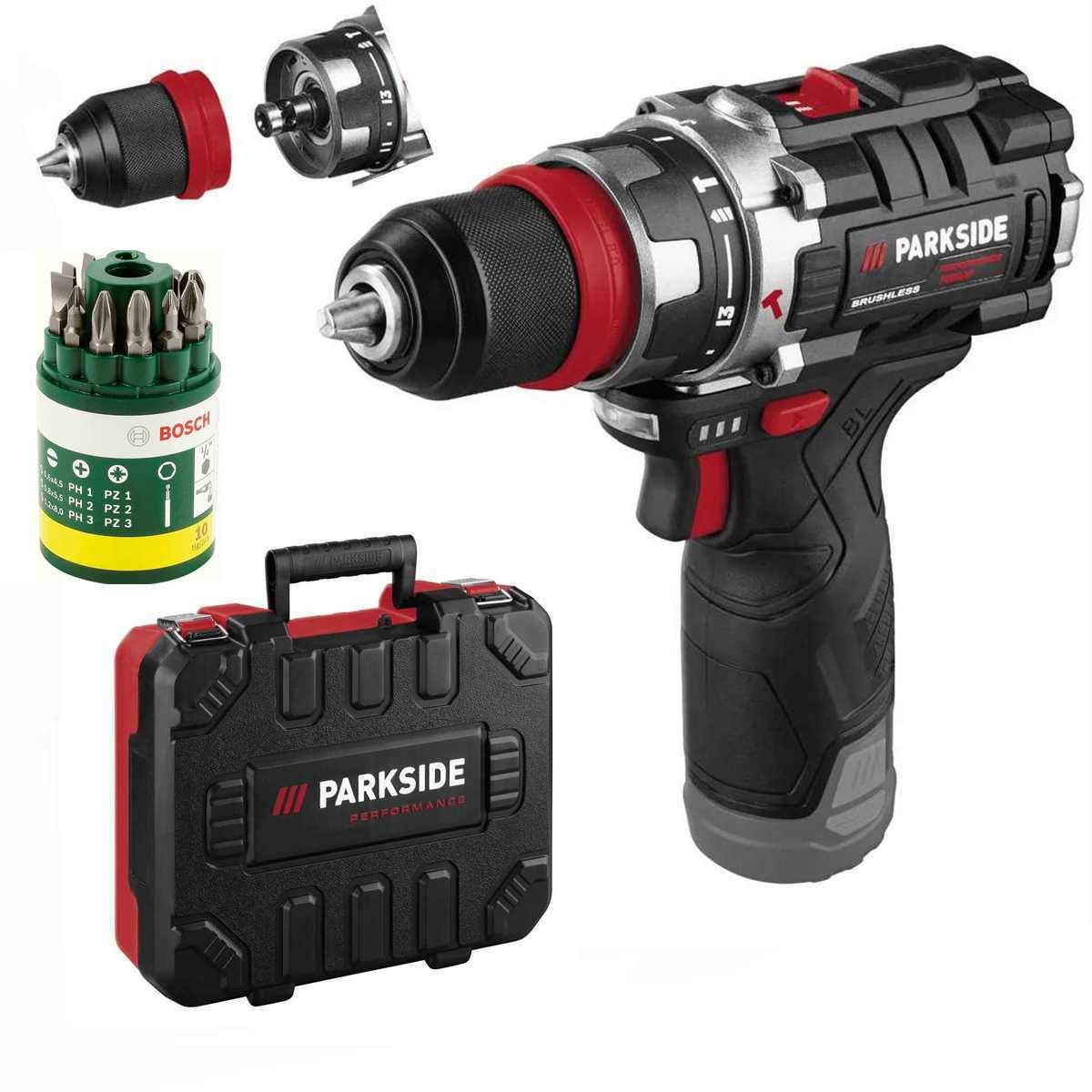 PARKSIDE PERFORMANCE® Akku-Drehschlagschrauber 12V Akku-Schlagbohrschrauber PSBSAP 12 Solo + Bosch Bitset 10 tlg.