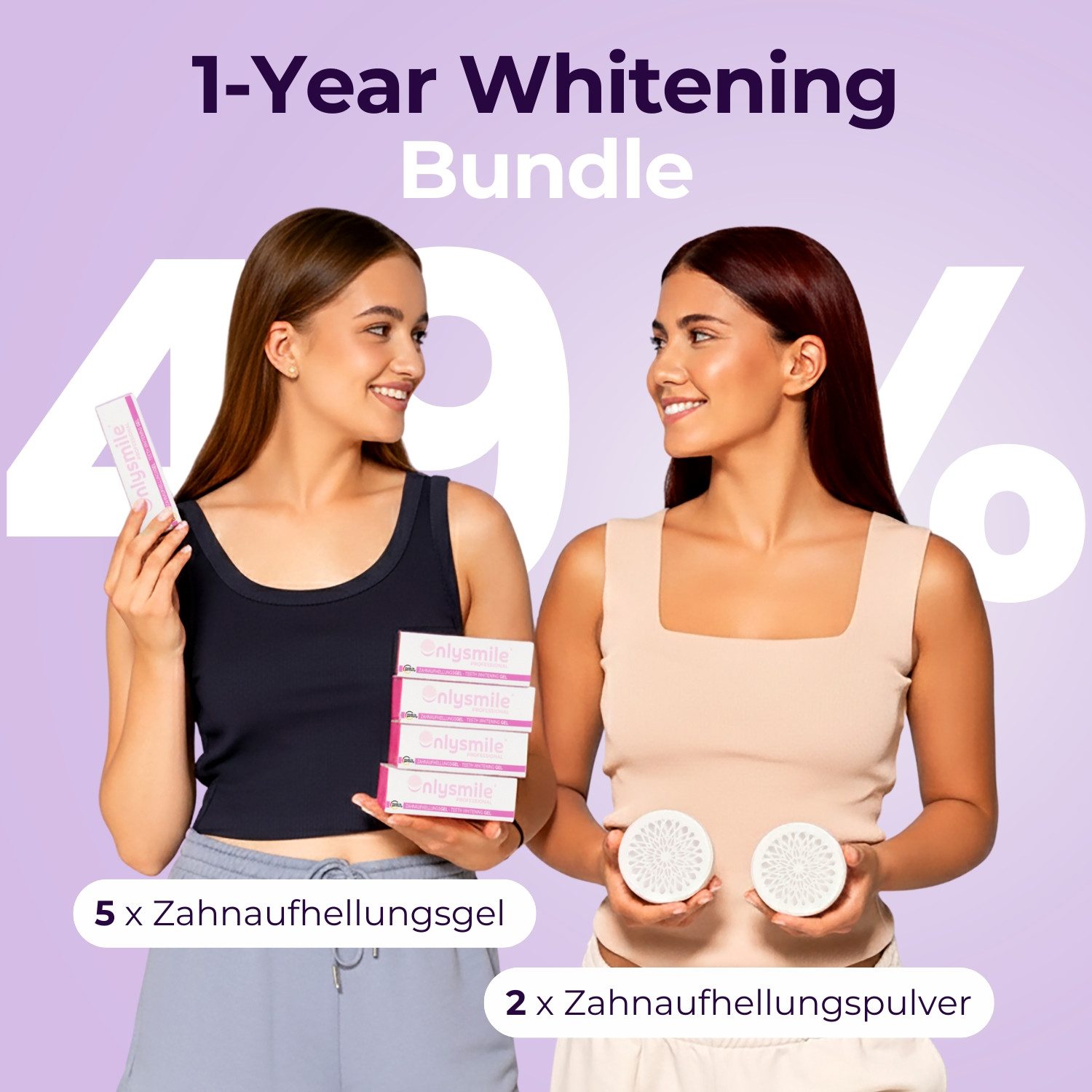 OnlySmile Zahnbleaching-Kit 1-Year Whitening Bundle – 5x Whitening Gel & 2x Zahnpulver, Enthält 5 Gele + 2 Zahnpulver
