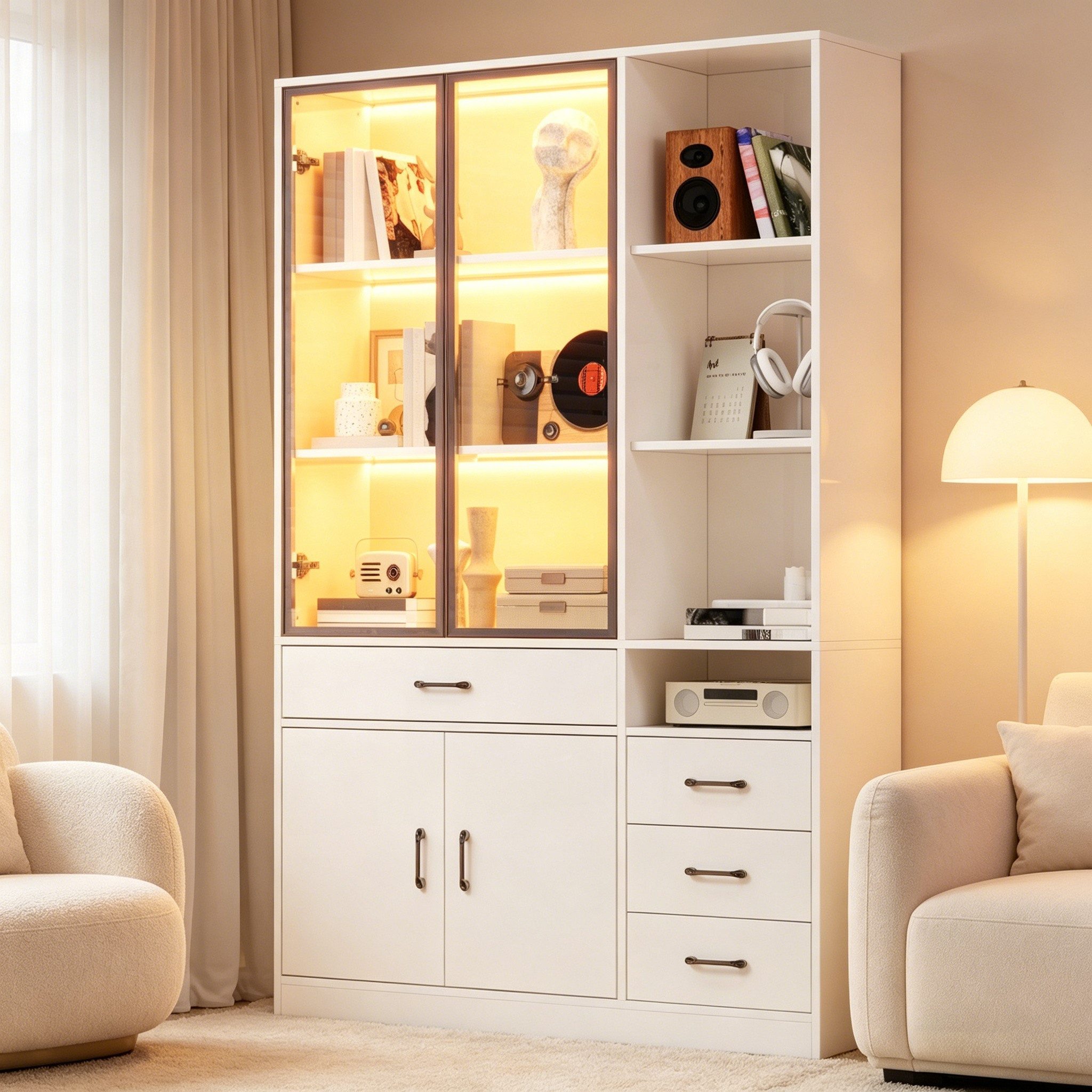 Merax Glasvitrine mit LED, Hochschrank Vitrinenschrank Aufbewahrungsschrank (120x35x200 cm, 1-St., Hochschrank für Wohnzimmer und Esszimmer) Vitrine mit 13 Stauraumbereichen, 4 Schubladen, Glastüren,Unterschrank