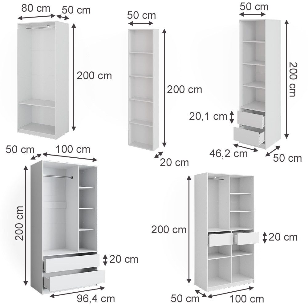 Vicco Kleiderschrank Elmo, Weiß, 50 x 200 cm 5er Set (5-St)