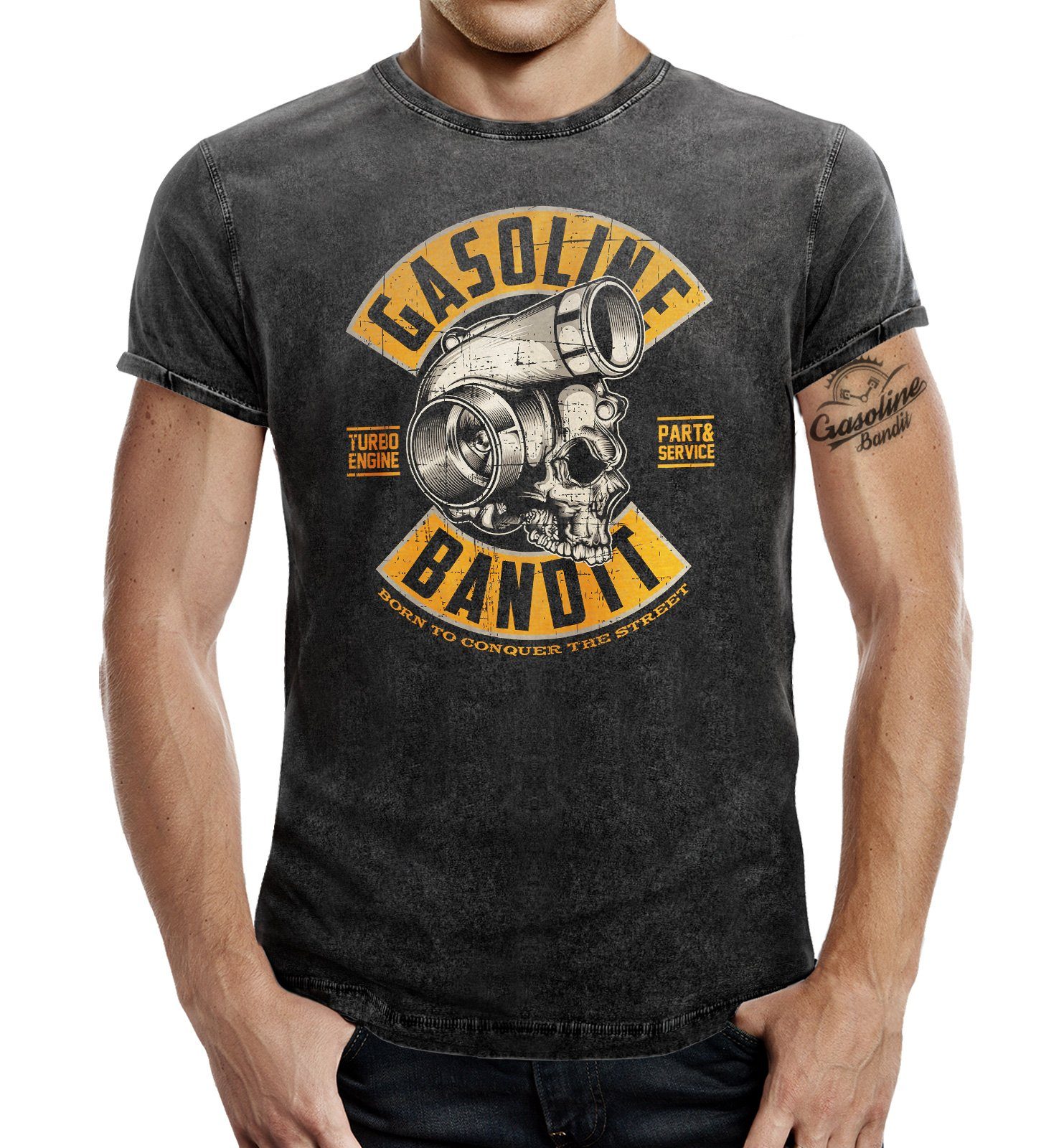 GASOLINE BANDIT® T-Shirt für Biker Skull Jeans Turbo im Look: Washed