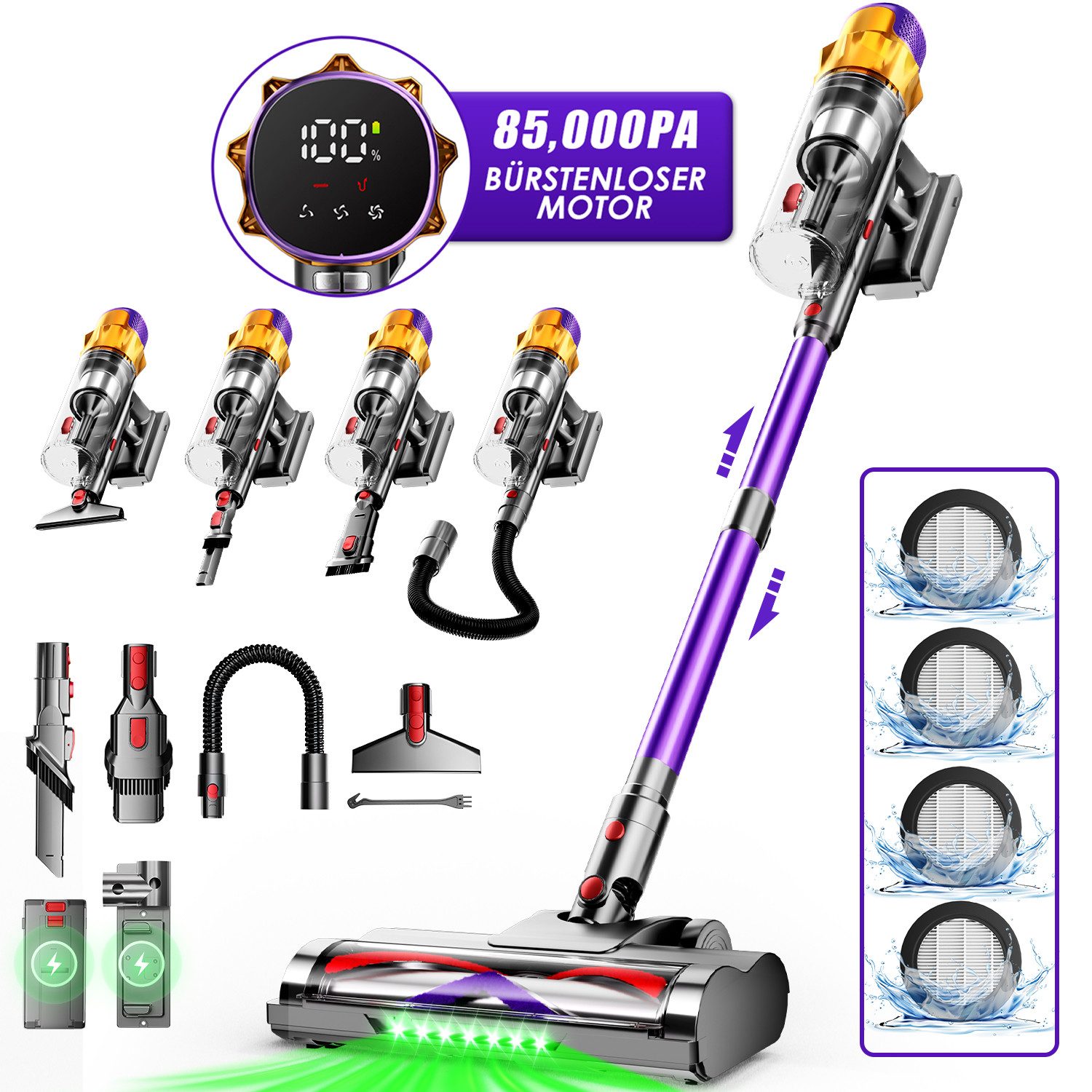Hiazurm Akku-Hand-und Stielstaubsauger Akku Staubsauger,85000Pa/2.8L/70min OLED-Display Staubsauger Kabellos, 3 Stufen Bürstenloser Motor Stabstaubsauger Grüne Schmutz-Erkennung, Akkusauger für Tierhaare, Teppich & Auto