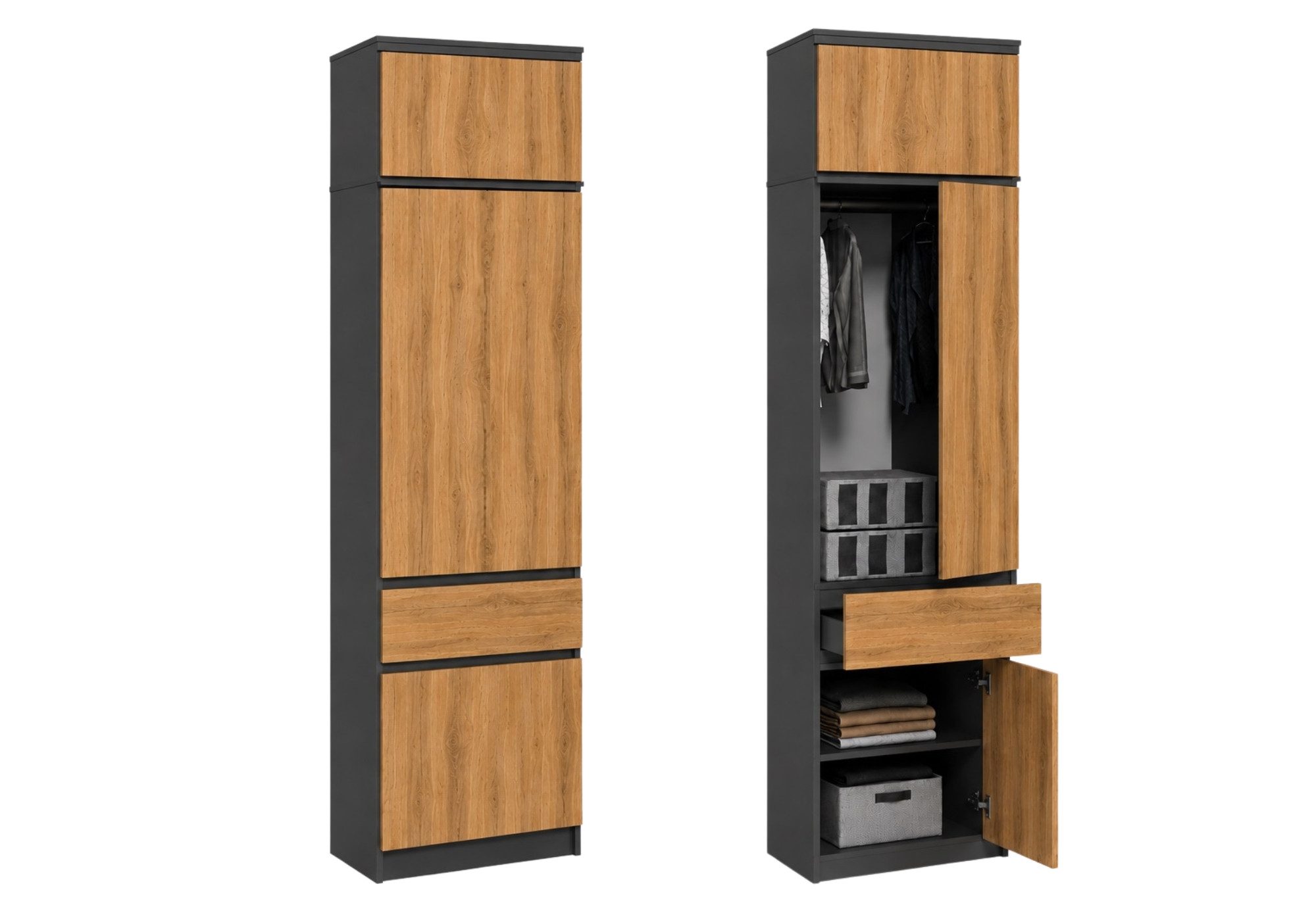 Home Collective Kleiderschrank Hochschrank Garderobenschrank Mehrzweckschrank Schrank schmal (50 cm breit, mit 1 Schubladen, Kleiderstange & Einlegeböden) Wäscheschrank, grifflose Front, mit Aufsatz Anthrazit-Eiche
