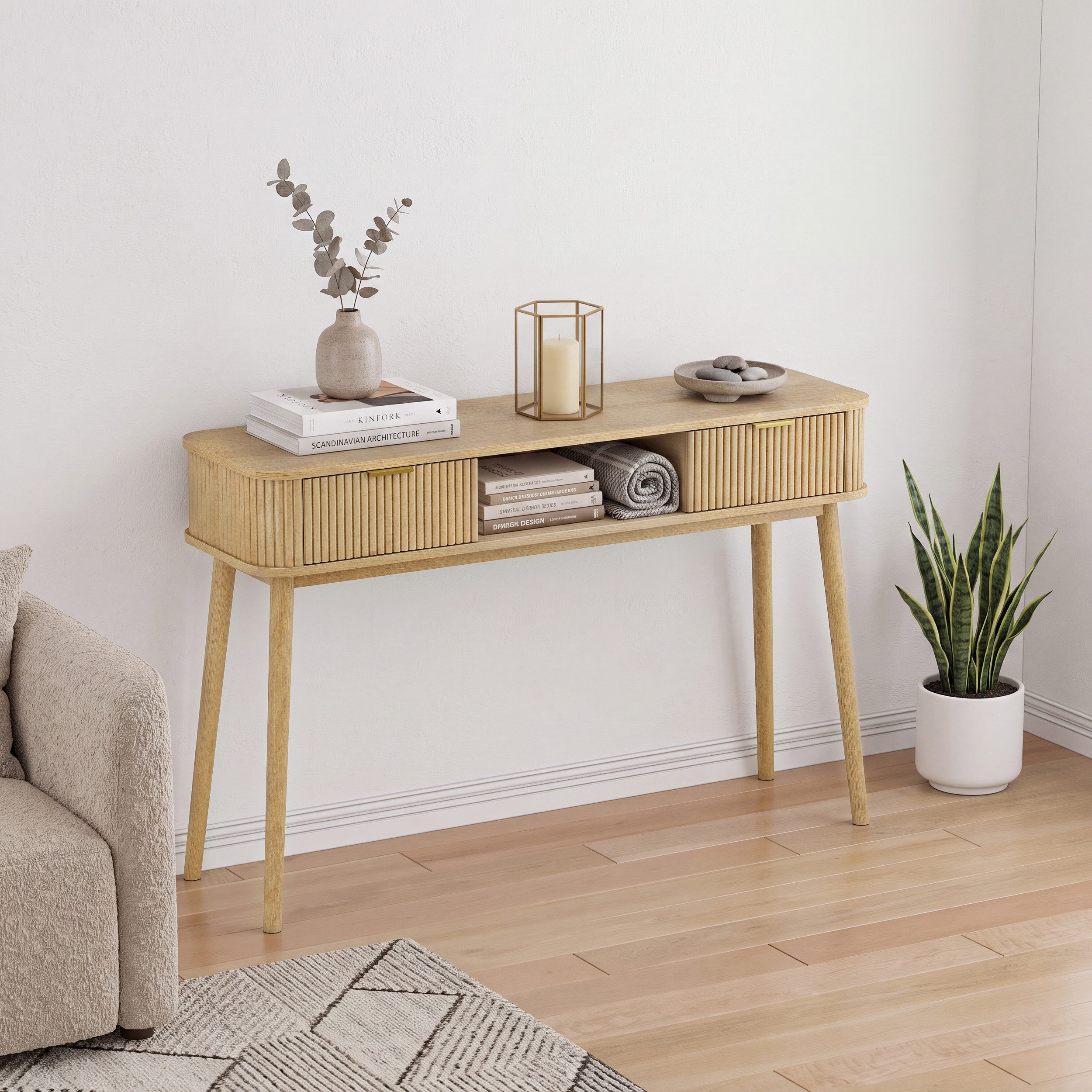 Celya Konsole moderner Sofatisch Schreibtisch mit Schubladen und offenem Ablagefach (Ohne Stühle, im Vintage-Stil geeignet für Wohnzimmer, Foyer und Flur)