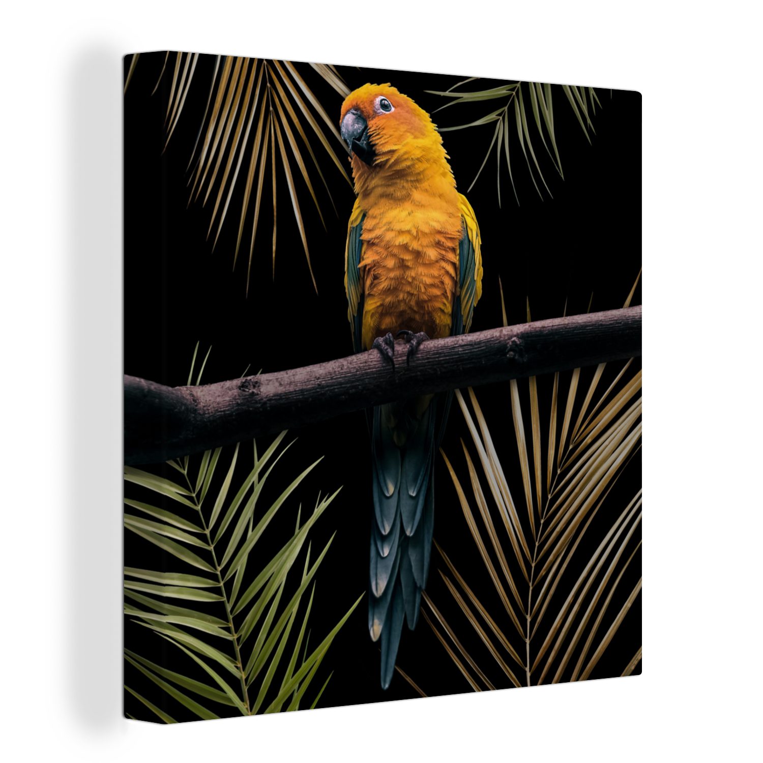 OneMillionCanvasses® Leinwandbild Vogel - Papagei - Zweig - Blätter, (1 St), Leinwand Bilder für Wohnzimmer Schlafzimmer bunt