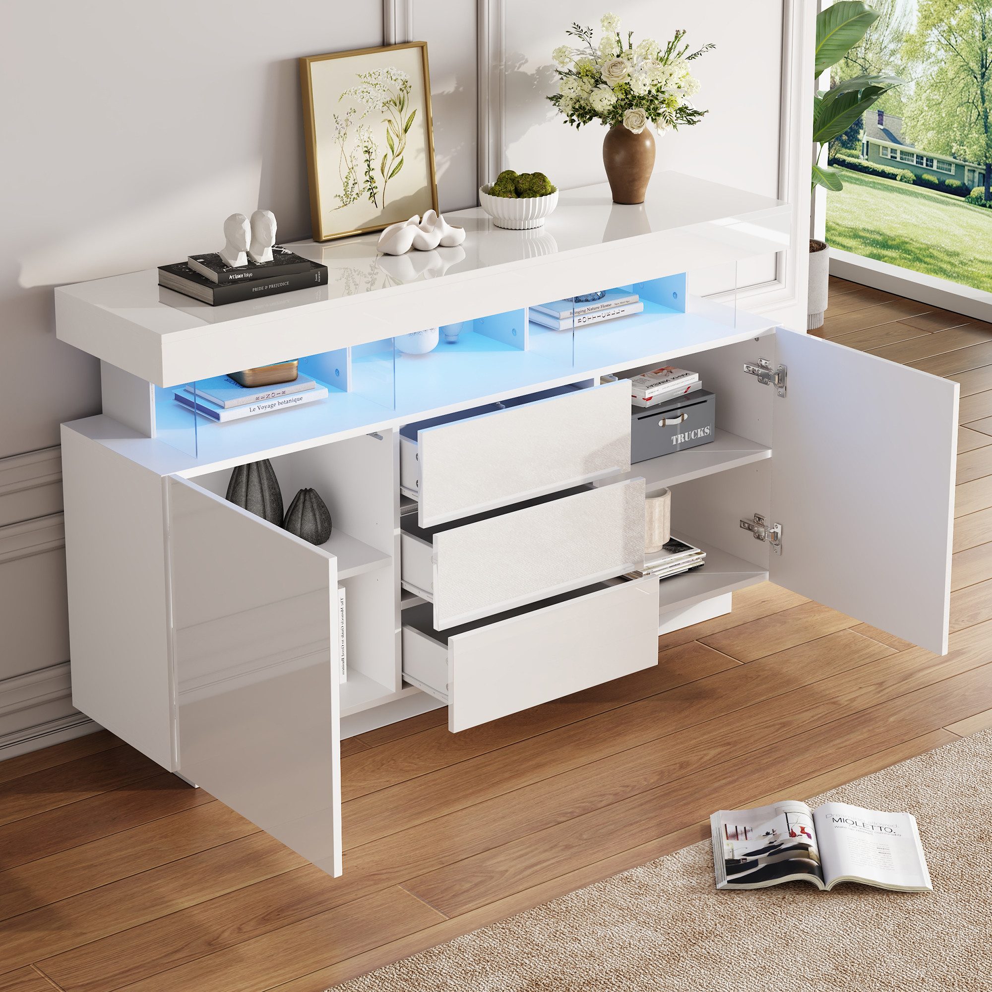 Merax Sideboard Hochglanz mit LED, Mehrzweckschrank aus Spanplatte & Acryl (1 St), Kommode mit 3 Schubladen und 2 Türen, Schrank Vitrine 140x35x80cm