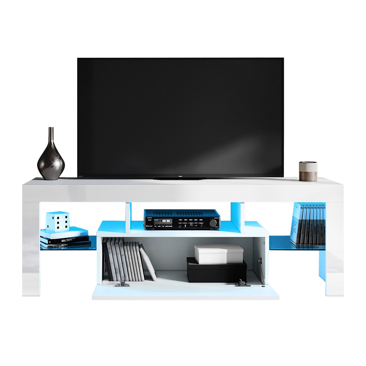 SONNI TV-Board TV Lowboard Breite 130 cm Schrank Weiß Hochglanz mit LED-Beleuchtung