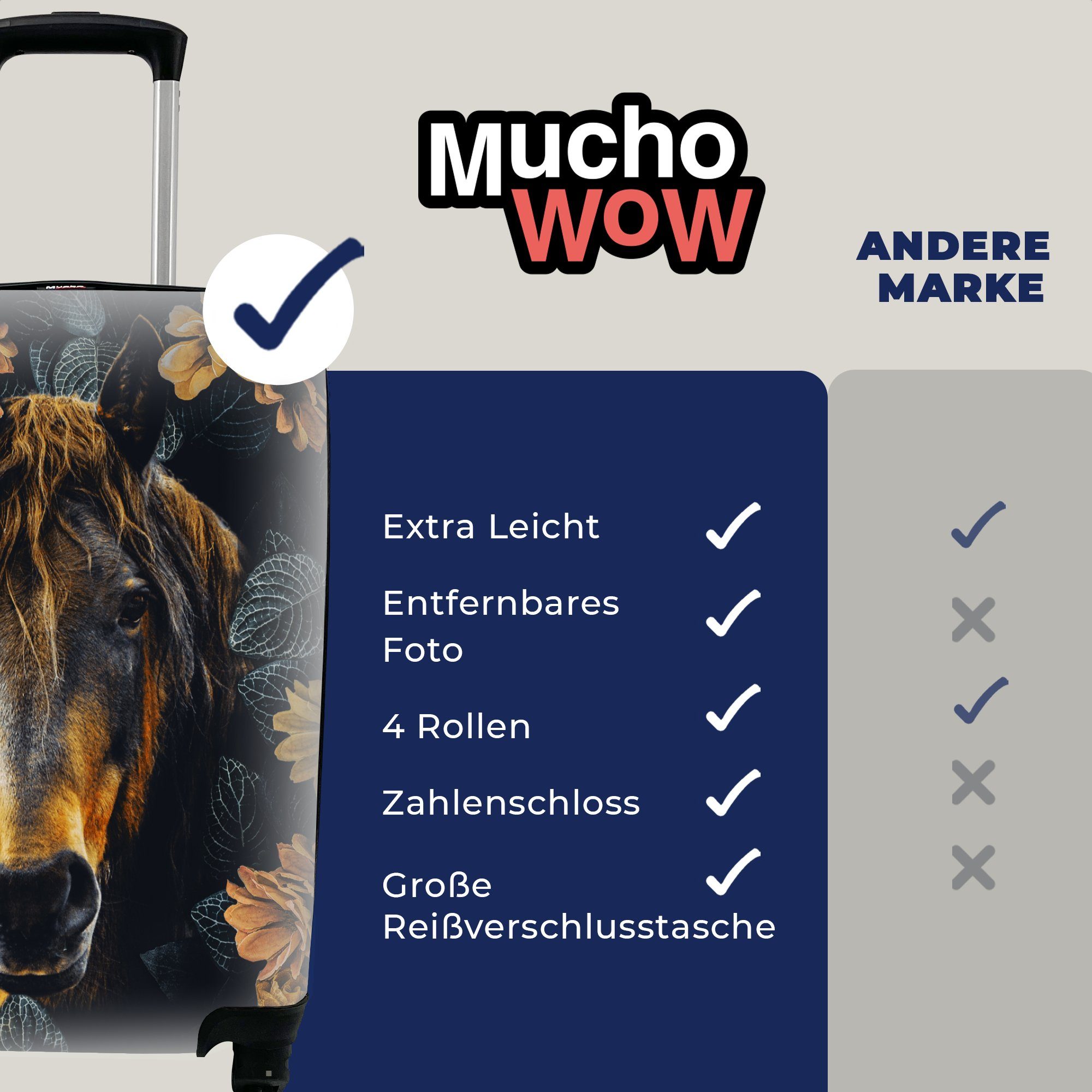 MuchoWow Handgepäckkoffer Pferd - 4 Blumen - Orange, Ferien, Rollen, Trolley, Handgepäck Reisekoffer Reisetasche rollen, mit für