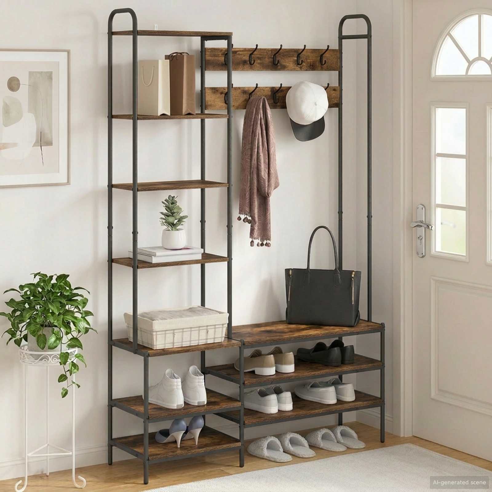 vidaXL Kleiderständer Garderobenständer mit Schuhbank Räuchereiche Holzwerkstoff, (1 St)