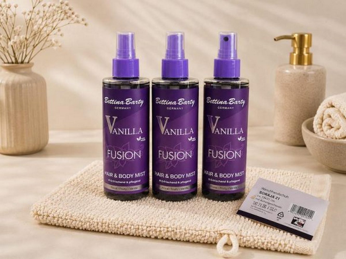 Bettina Barty Körperspray Vanilla Fusion Geschenkset 3x Hair & Body Mist 200ml & Waschhandschuh
