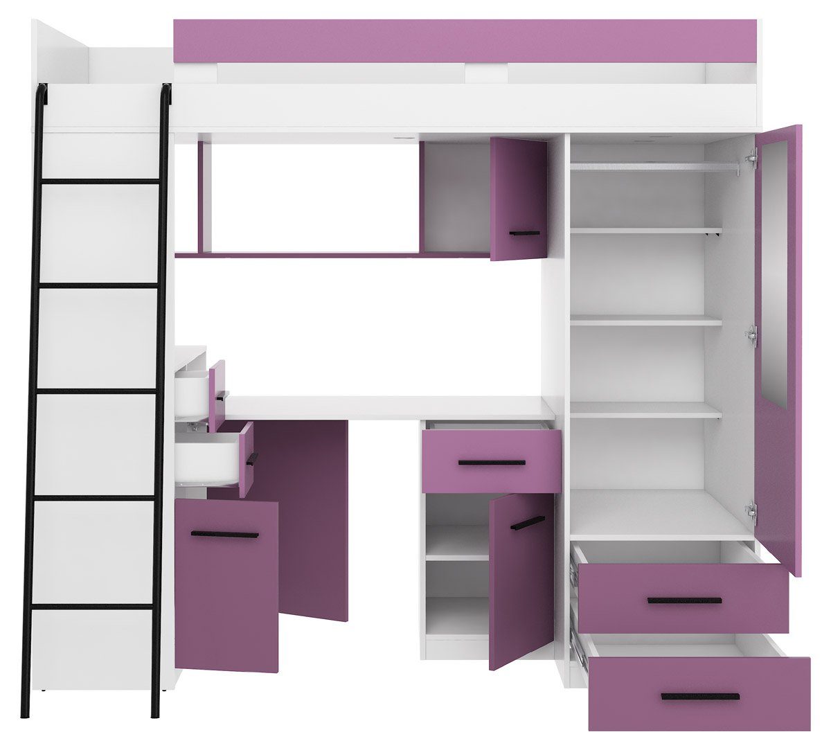 Hochbett Schränke, Violett Domando Hochbett Schreibtisch, Tremosina integrierte Regal, Weiß 204cm, und Breite Spiegel Matt