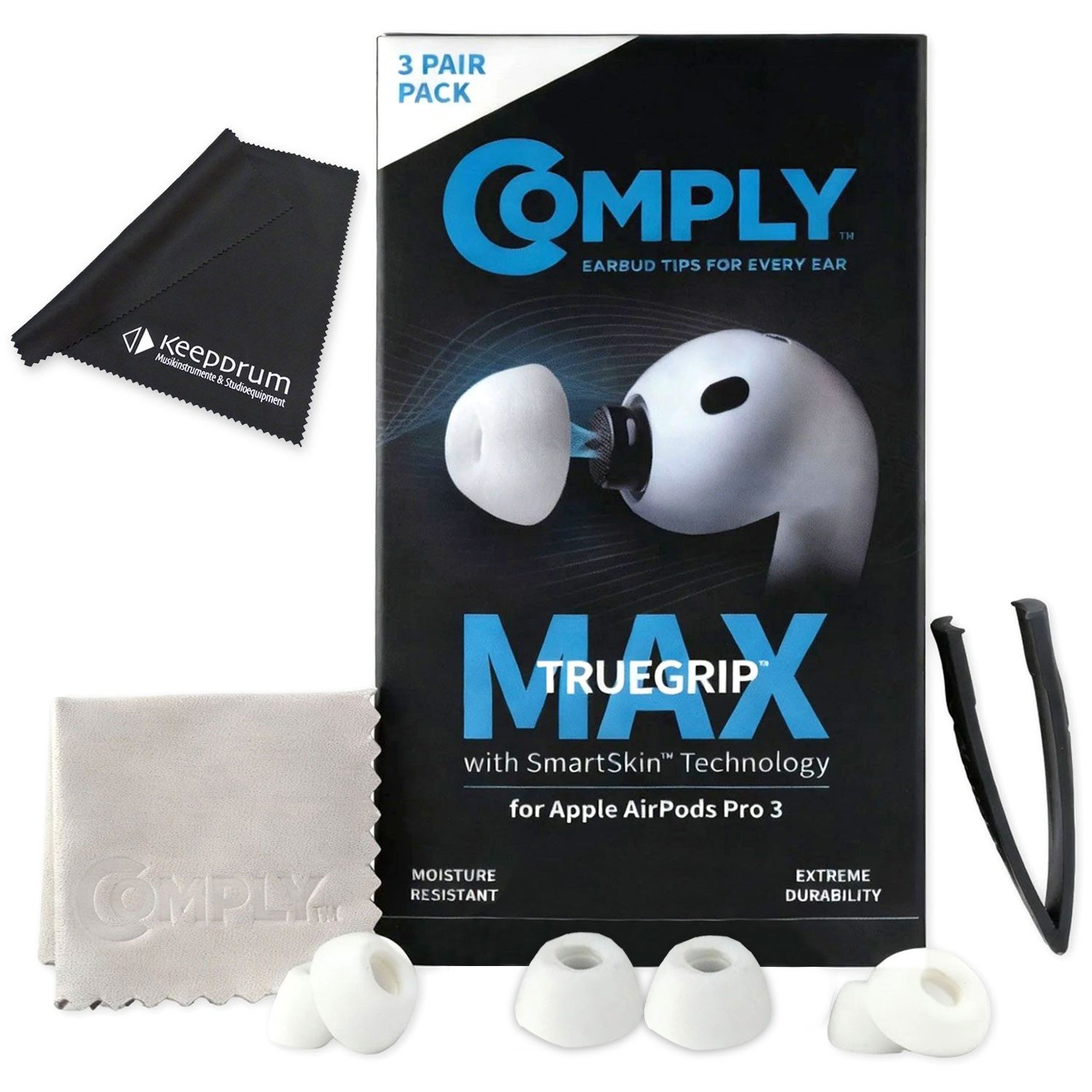 Comply Comply Ohrstöpsel TrueGrip MAX für Airpods Pro 3 Weiss S mit Tuch In-Ear-Kopfhörer (Airpods Pro 3, keine, keine, Vorteils-Set mit Mikrofasertuch)
