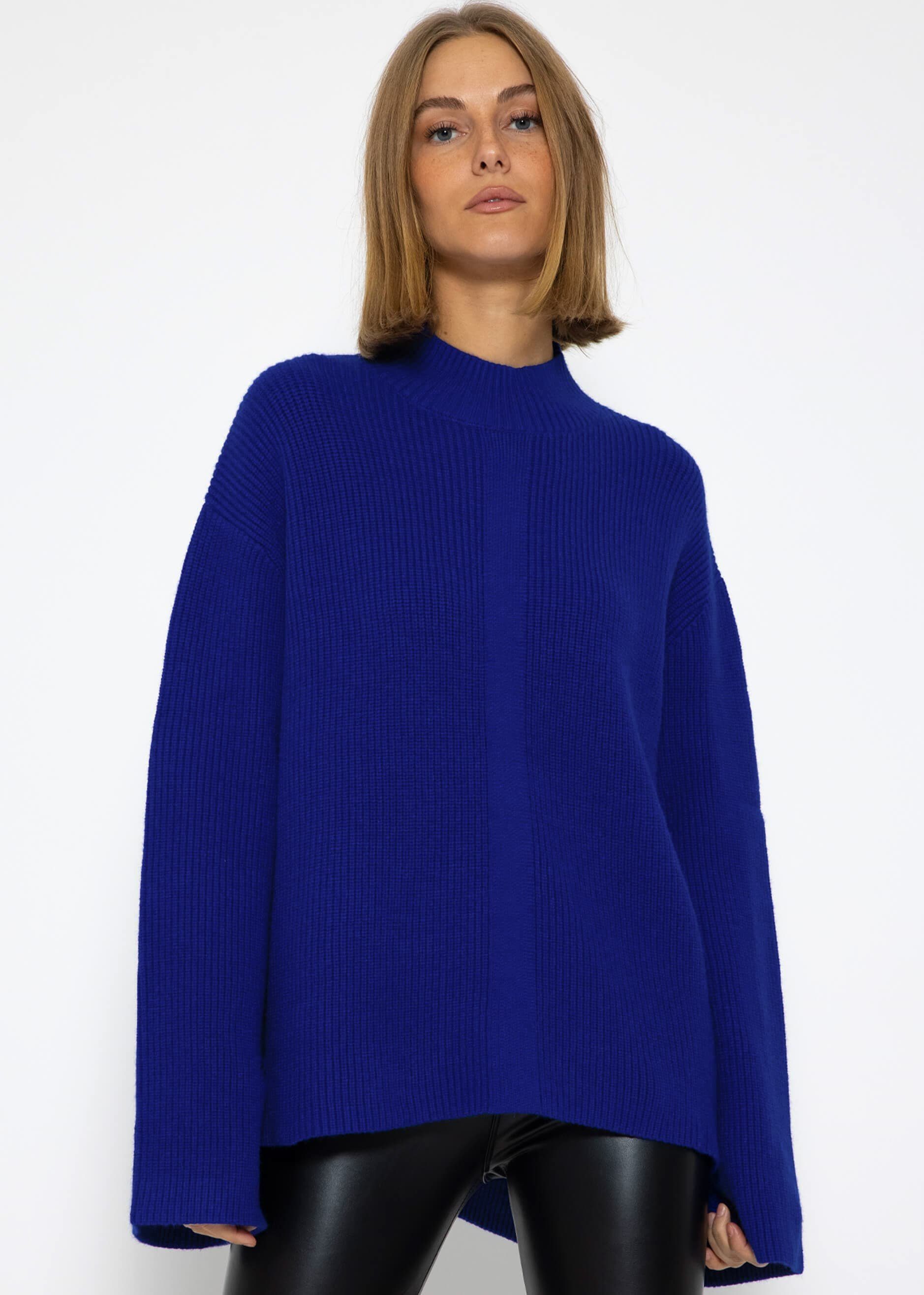 mit Seitenschlitzen aus Blau Rollkragenpullover Turtleneck Damen und SASSYCLASSY Lässiger Pullover weichem Turtleneck Grobstrick Strickpullover