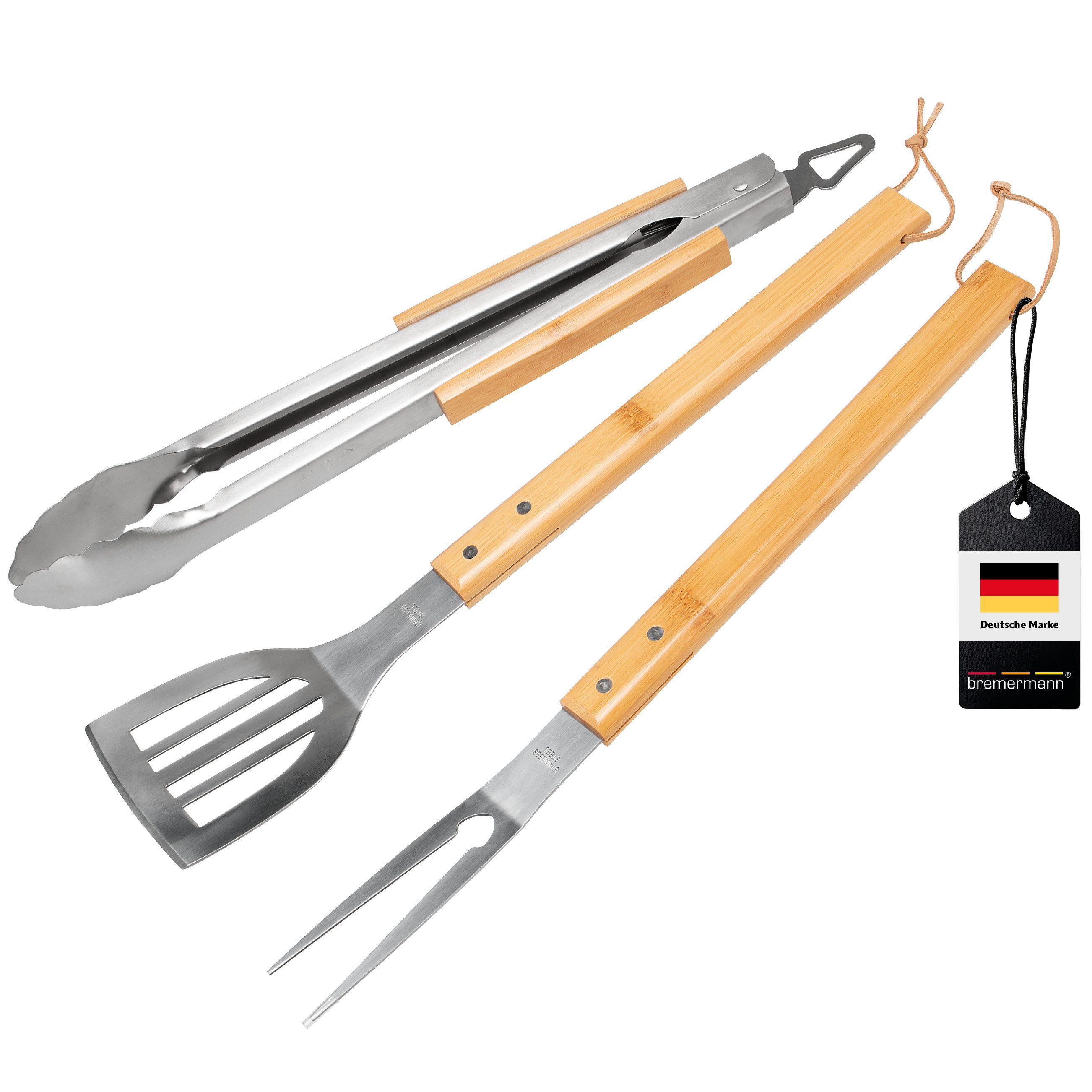 Grillbesteck-Set Grillbesteck 3er Set // Edelstahl mit Bambusgriffen