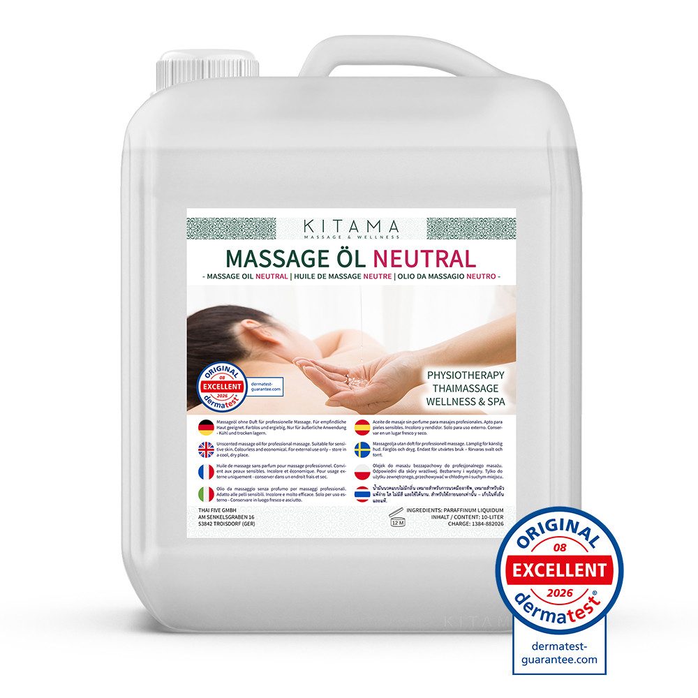 Kitama Massageöl Neutral Ohne Duft für Physiotherapie Thai-Massage Spa Wellness 10-Liter, Dermatest: Sehr Gut