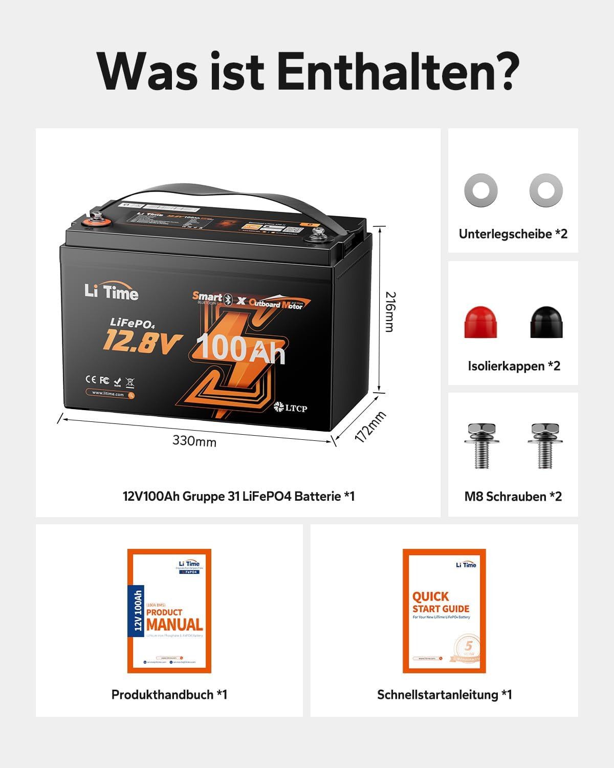 LiTime 12V 100Ah LiFePO4 Batterie für elektrischen Außenborder Trolling Motor Solarakkus (12 V), 1280Wh Solarspeicher mit Bluetooth für Boote mit Elektroaußenborder
