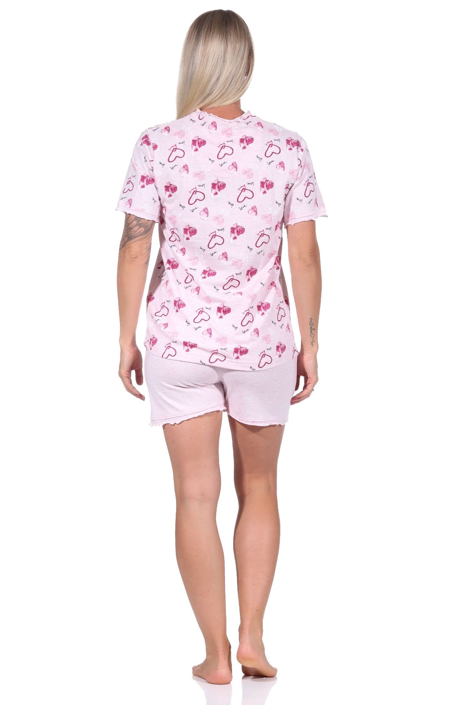 Schlafanzug Shorty Damen Herz - Übergröße in Optik Pyjama in rosa kurzarm Normann auch